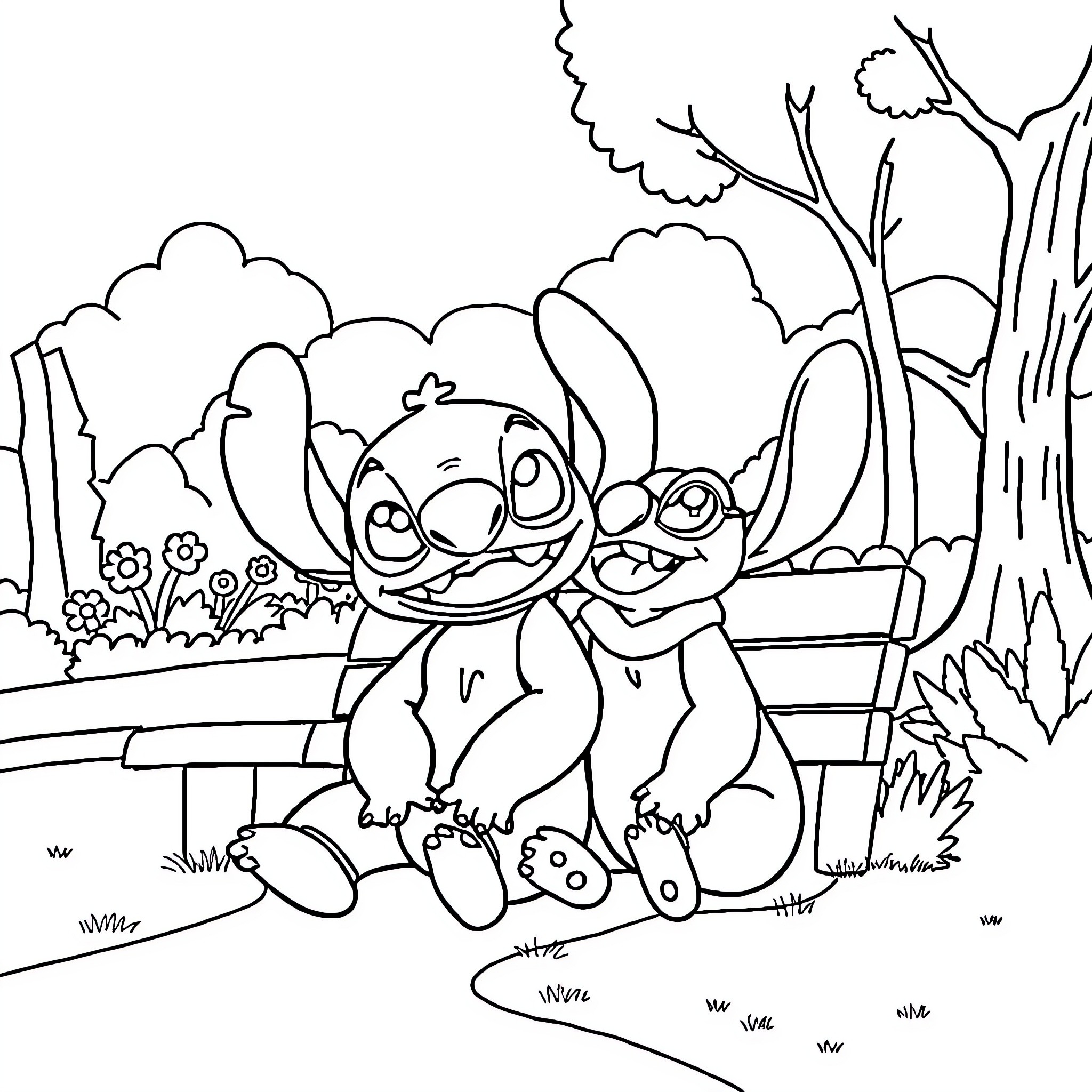 Stitch enjoying a peaceful moment in nature Coloring Page (free black-and-white line drawing printable PDF for all, from beginners to advanced learners, including children, teens, adults, and seniors)
