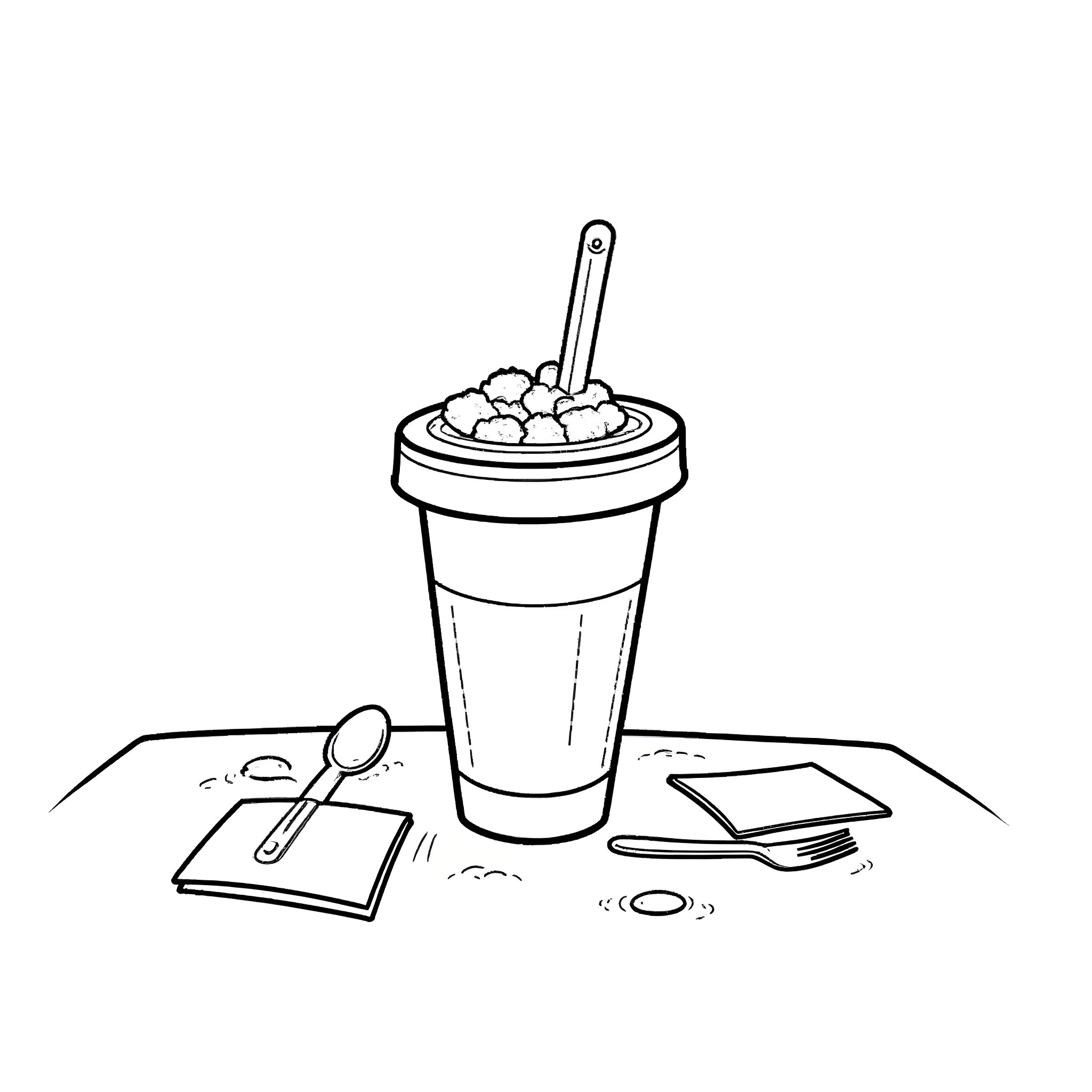 Cup with refreshing beverage and snacks Coloring Page (free black-and-white line drawing printable PDF for all, from beginners to advanced learners, including children, teens, adults, and seniors)