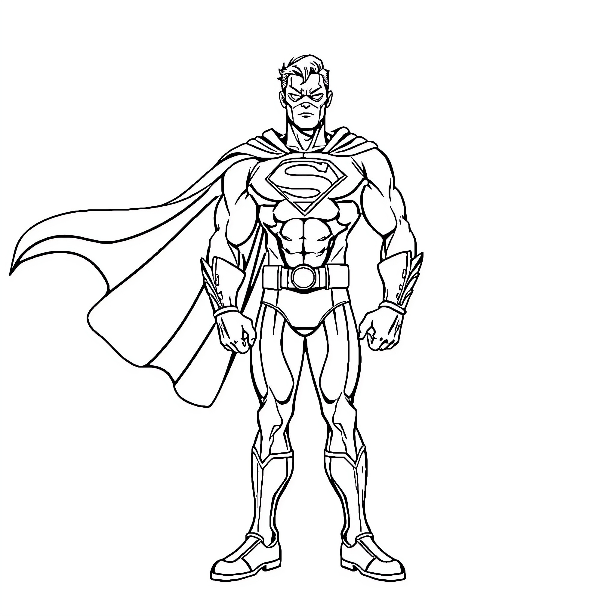 Superhero in Iconic Pose of Strength and Heroism Coloring Page (free black-and-white line drawing printable PDF for all, from beginners to advanced learners, including children, teens, adults, and seniors)