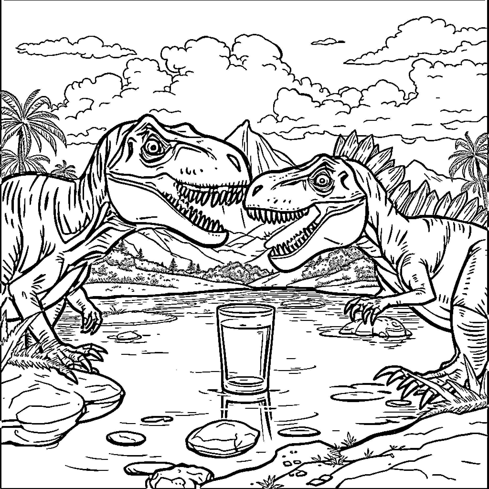 Dinosaurs hunting by the lake Coloring Page (free black-and-white line drawing printable PDF for all, from beginners to advanced learners, including children, teens, adults, and seniors)