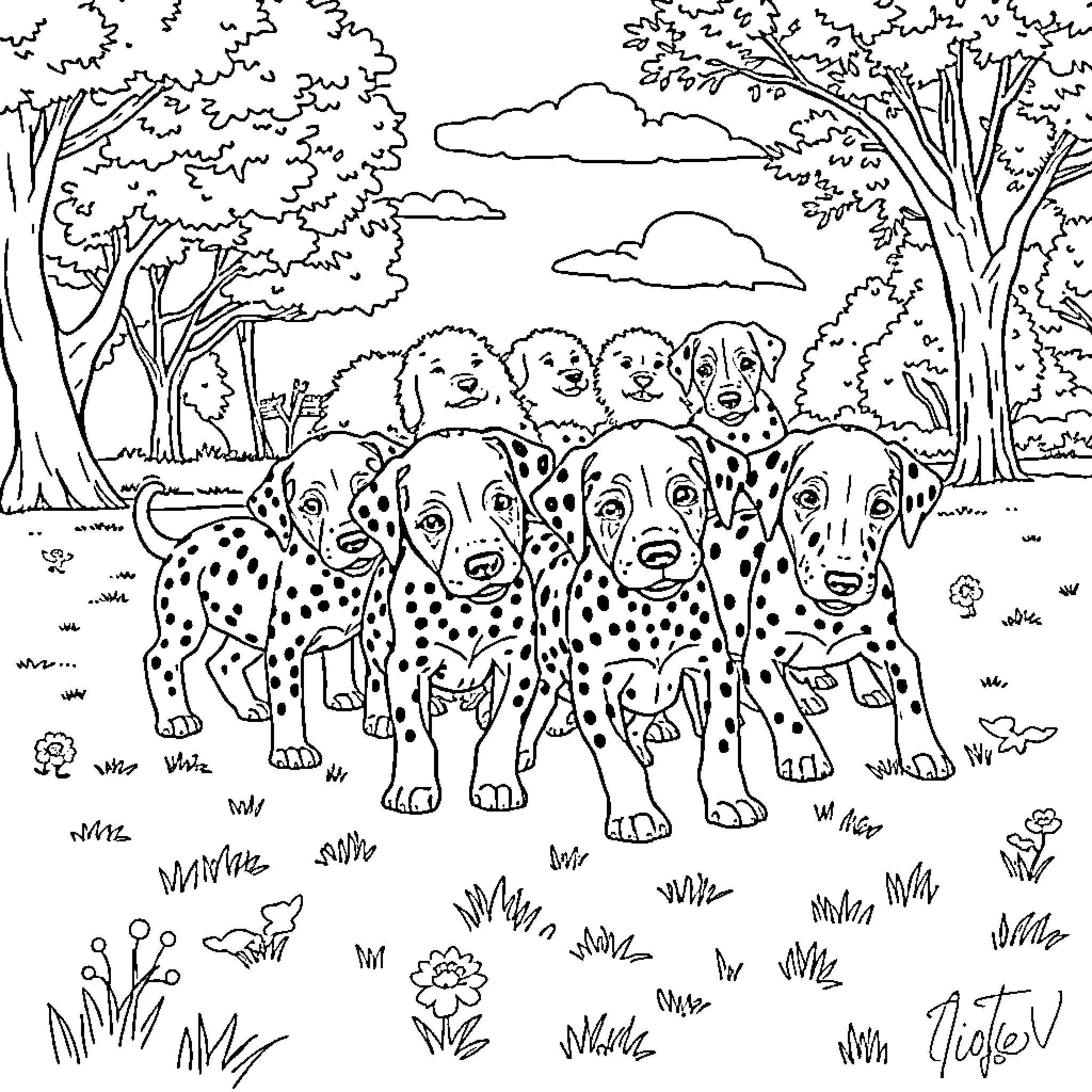 Dalmatian puppies playing in the forest Coloring Page (free black-and-white line drawing printable PDF for all, from beginners to advanced learners, including children, teens, adults, and seniors)