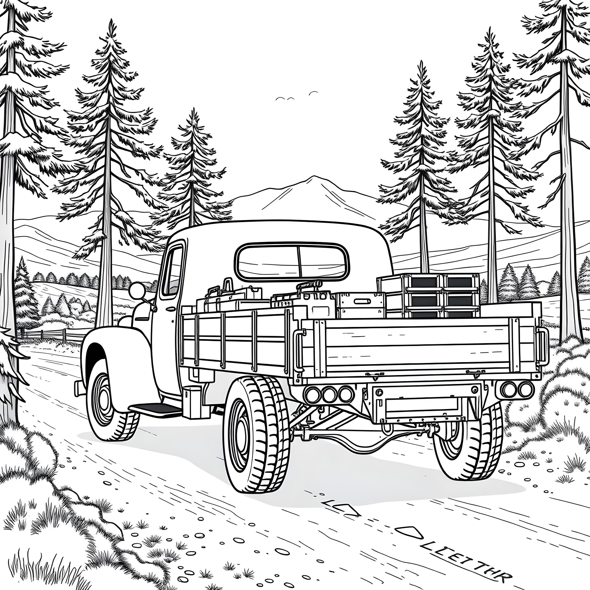 Flatbed Truck Transporting Cargo through Snowy Forest Landscape Coloring Page (free black-and-white line drawing printable PDF for all, from beginners to advanced learners, including children, teens, adults, and seniors)