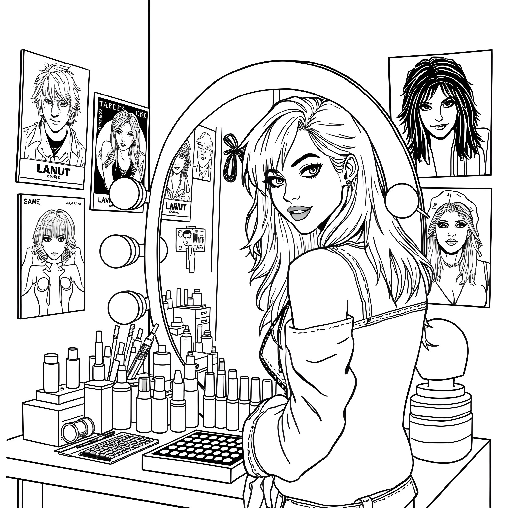 Girl working at a cosmetics counter Coloring Page (free black-and-white line drawing printable PDF for all, from beginners to advanced learners, including children, teens, adults, and seniors)