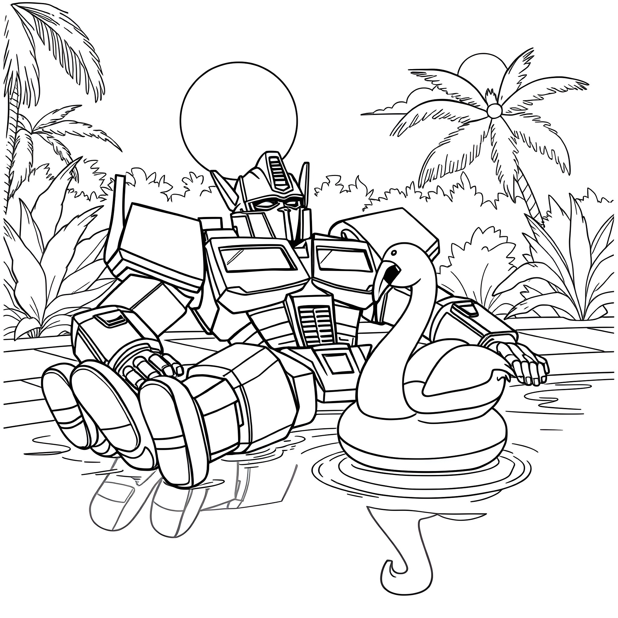 Optimus Prime relaxing on a tropical beach Coloring Page (free black-and-white line drawing printable PDF for all, from beginners to advanced learners, including children, teens, adults, and seniors)