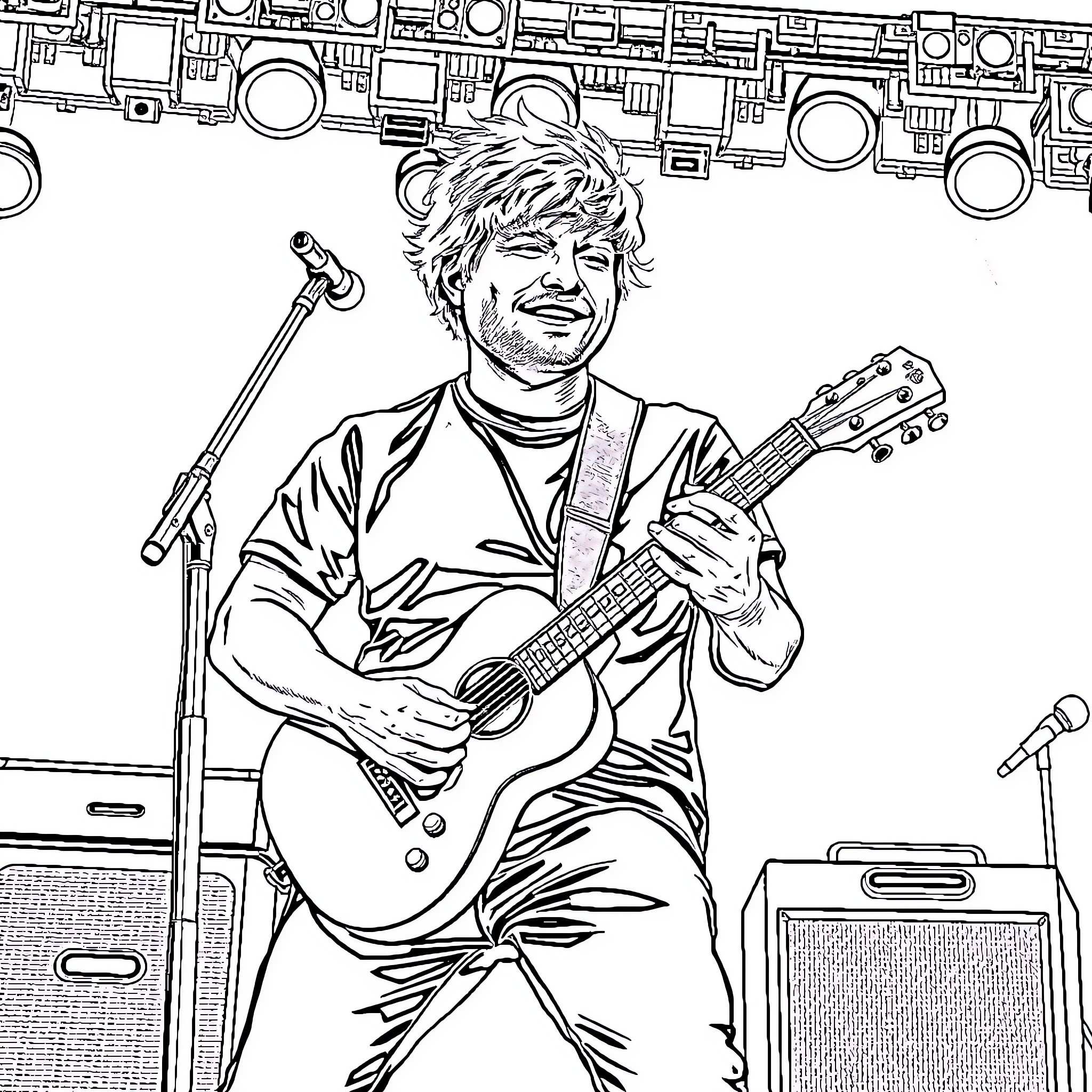 Ed Sheeran performing on stage with guitar Coloring Page (free black-and-white line drawing printable PDF for all, from beginners to advanced learners, including children, teens, adults, and seniors)