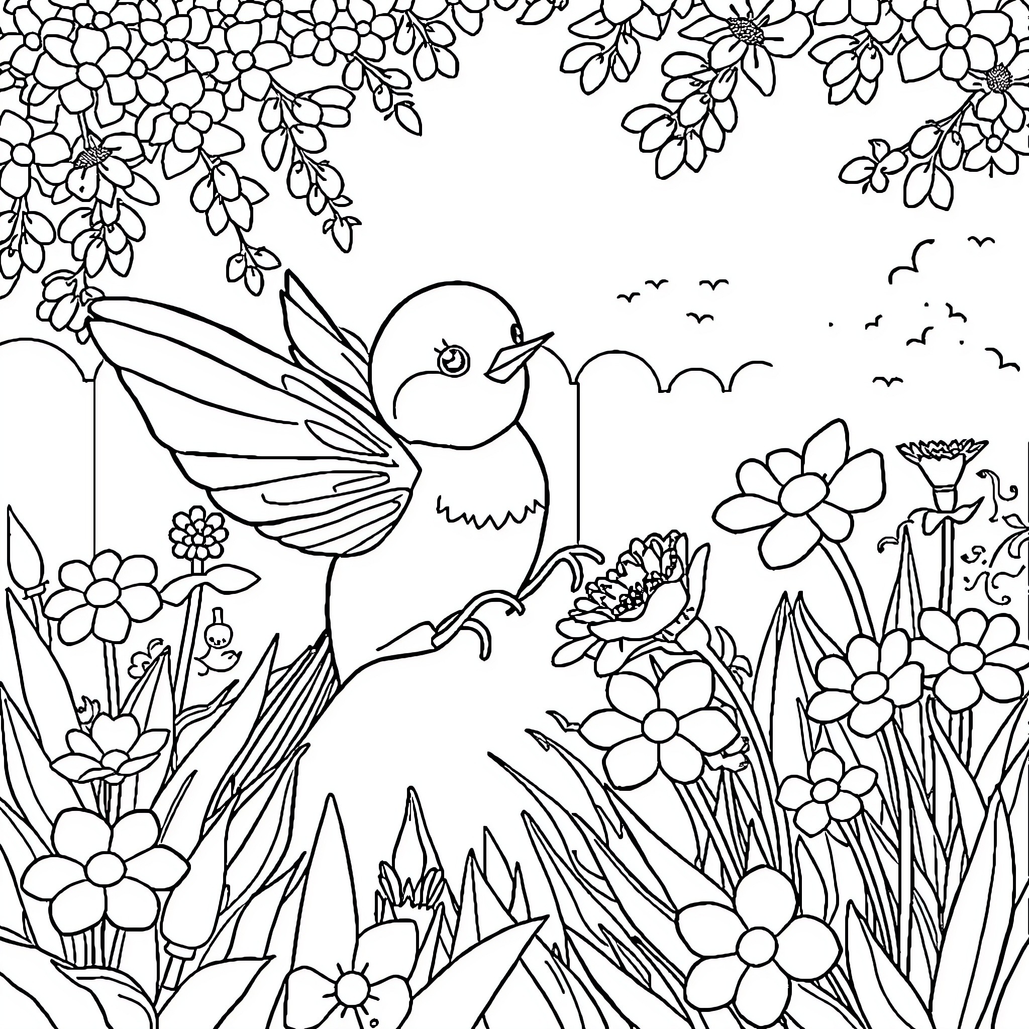 Fille's Floral Fantasy: A Whimsical Hummingbird Adventure Coloring Page (free black-and-white line drawing printable PDF for all, from beginners to advanced learners, including children, teens, adults, and seniors)