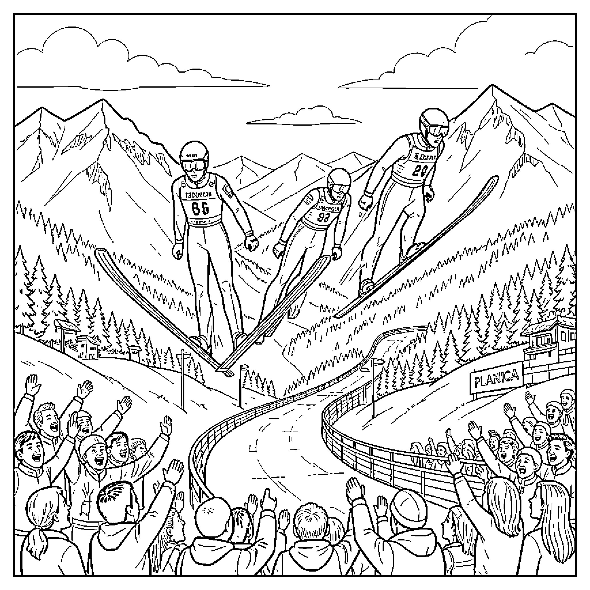 Ski Jumpers soaring over cheering crowd in snowy mountains Coloring Page (free black-and-white line drawing printable PDF for all, from beginners to advanced learners, including children, teens, adults, and seniors)