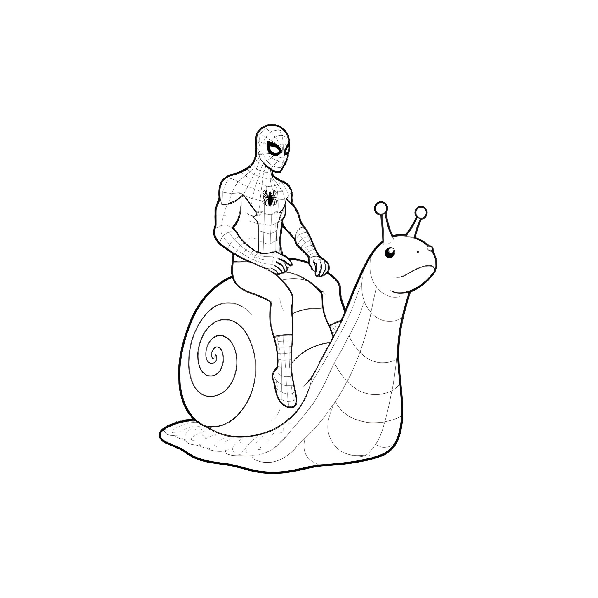 Spiderman riding a friendly snail Coloring Page (free black-and-white line drawing printable PDF for all, from beginners to advanced learners, including children, teens, adults, and seniors)