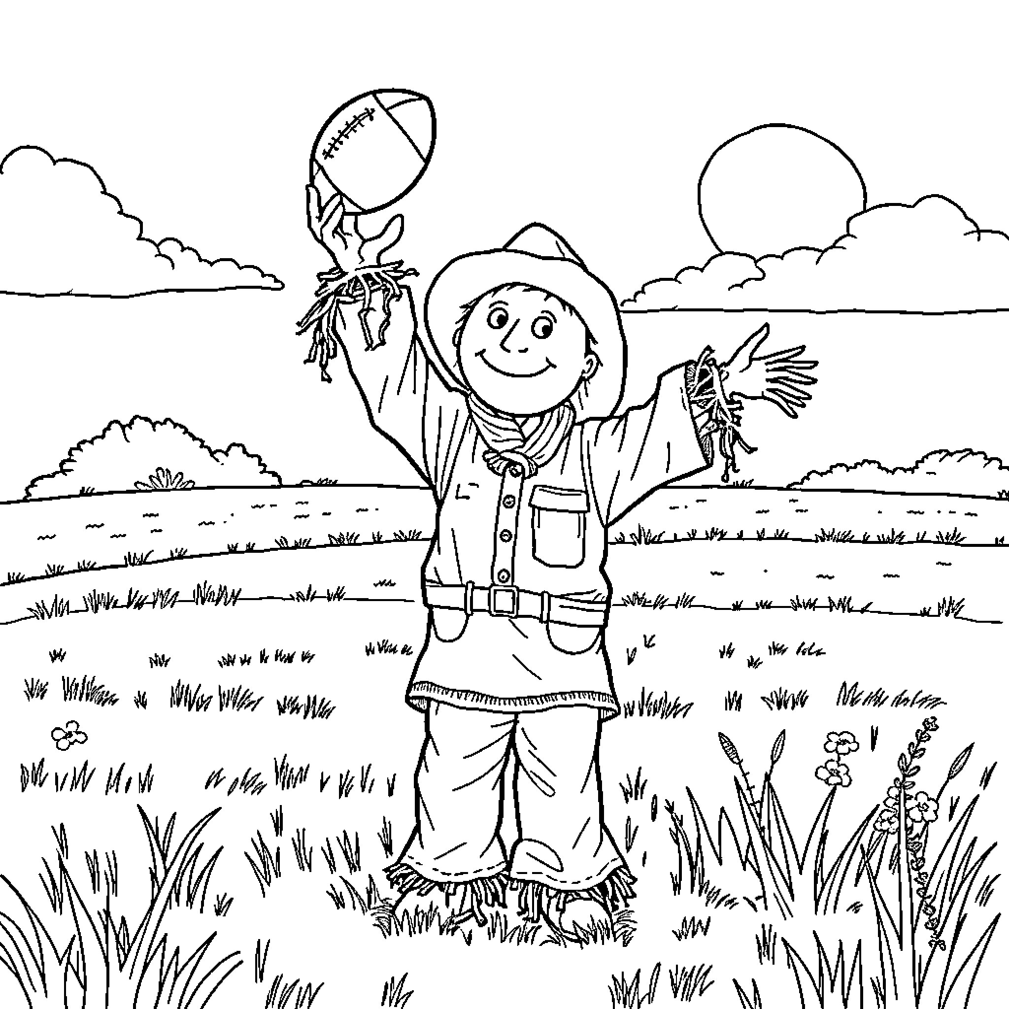 Scarecrow happily playing with a football in the field Coloring Page (free black-and-white line drawing printable PDF for all, from beginners to advanced learners, including children, teens, adults, and seniors)