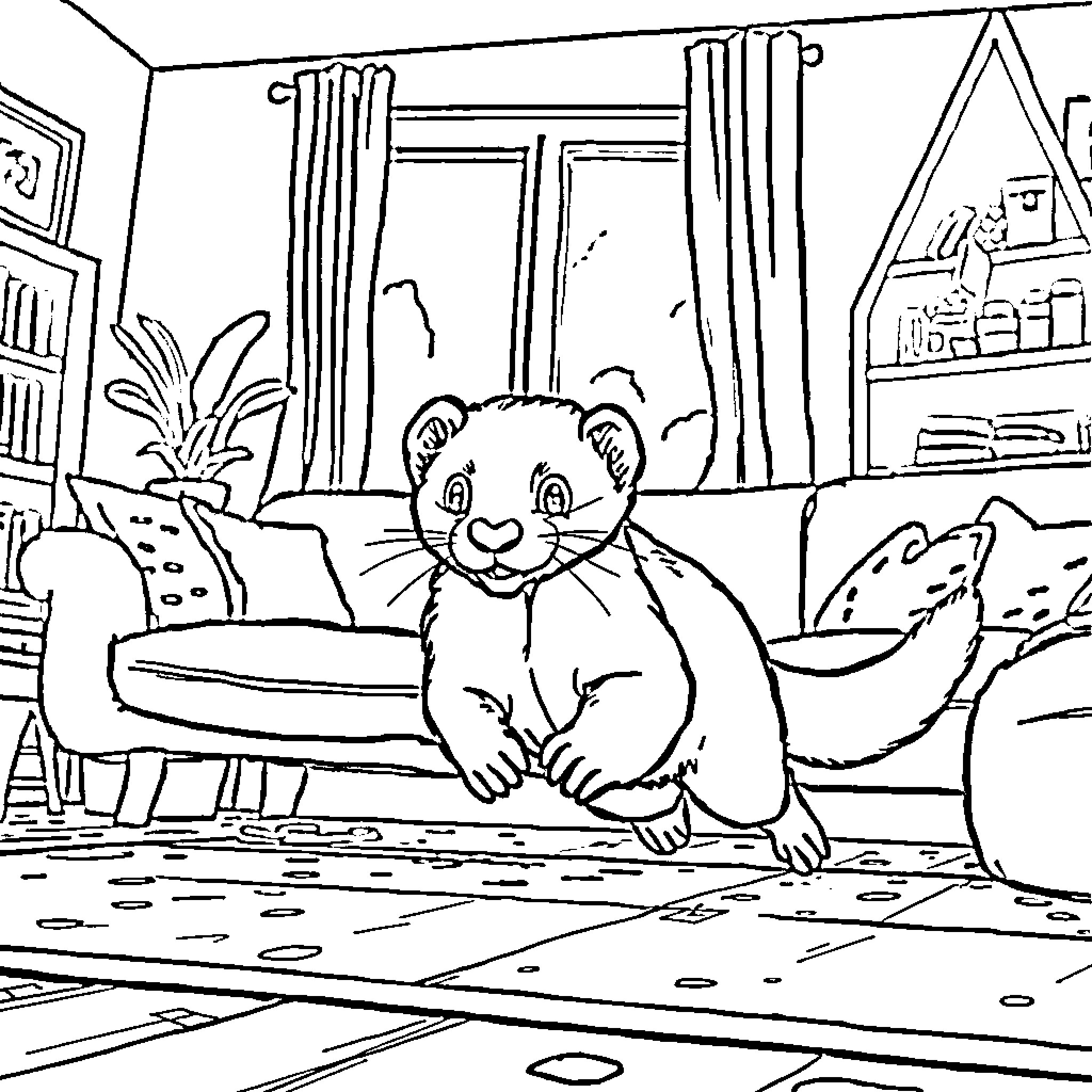Ferret relaxing comfortably in cozy indoor setting Coloring Page (free black-and-white line drawing printable PDF for all, from beginners to advanced learners, including children, teens, adults, and seniors)