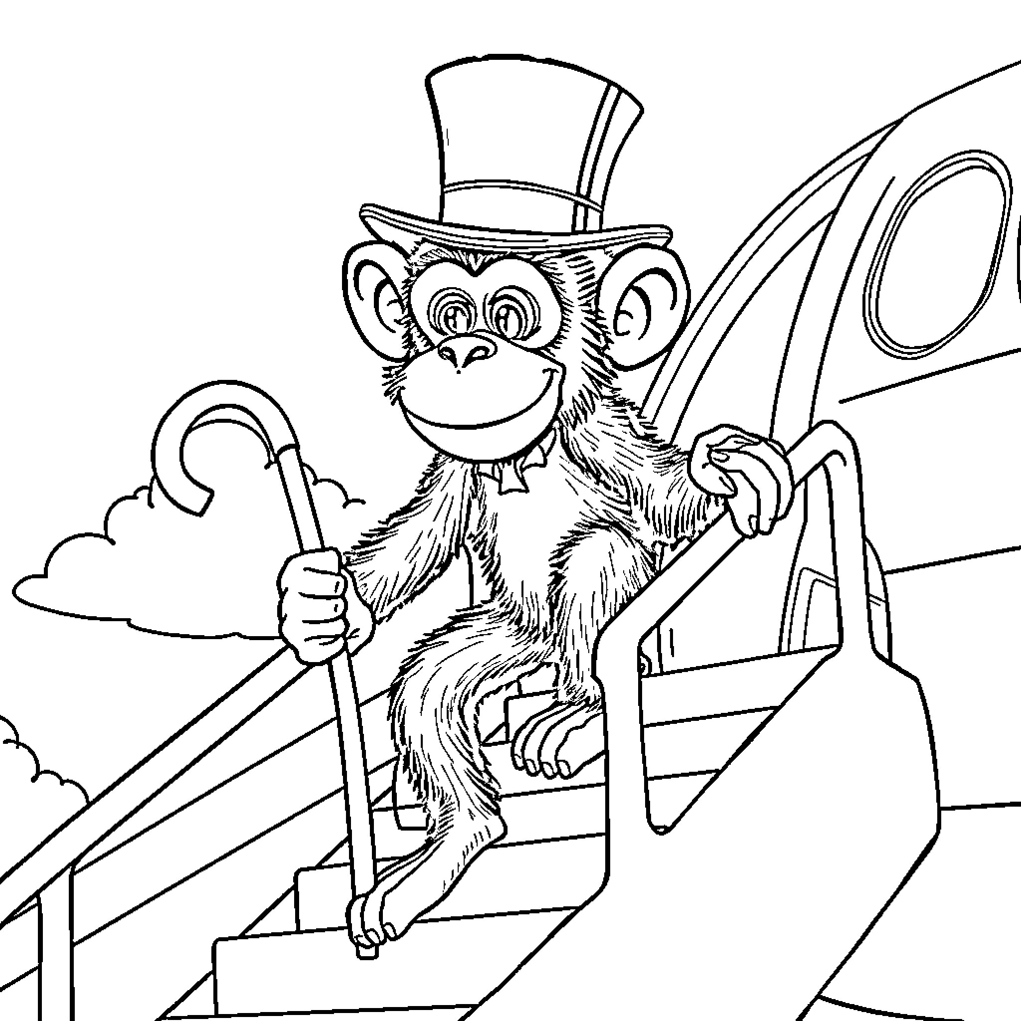 Monkey in top hat and cane on stairs Coloring Page (free black-and-white line drawing printable PDF for all, from beginners to advanced learners, including children, teens, adults, and seniors)