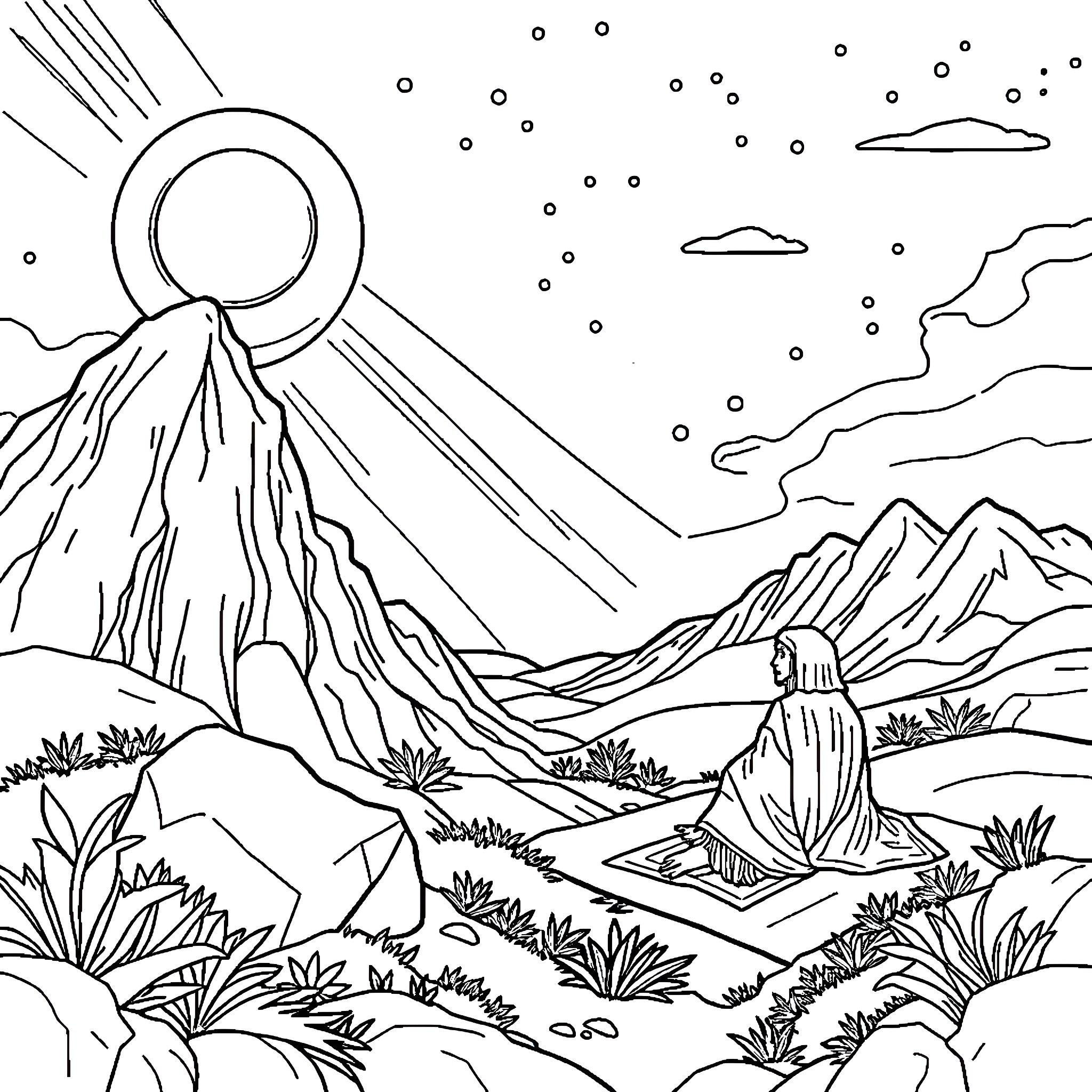 Genesis of a Serene Mountain Landscape Coloring Page (free black-and-white line drawing printable PDF for all, from beginners to advanced learners, including children, teens, adults, and seniors)