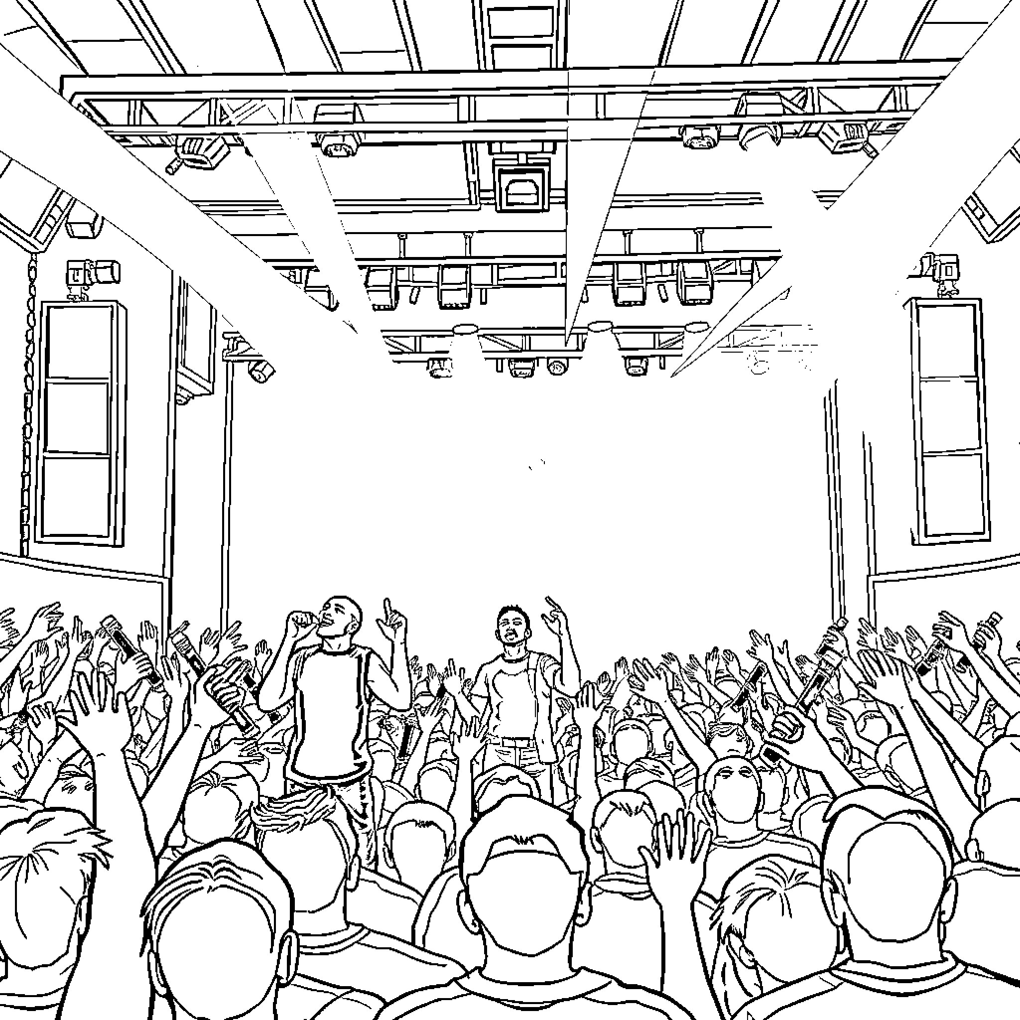 Twenty One Pilots performing on stage with energetic crowd Coloring Page (free black-and-white line drawing printable PDF for all, from beginners to advanced learners, including children, teens, adults, and seniors)