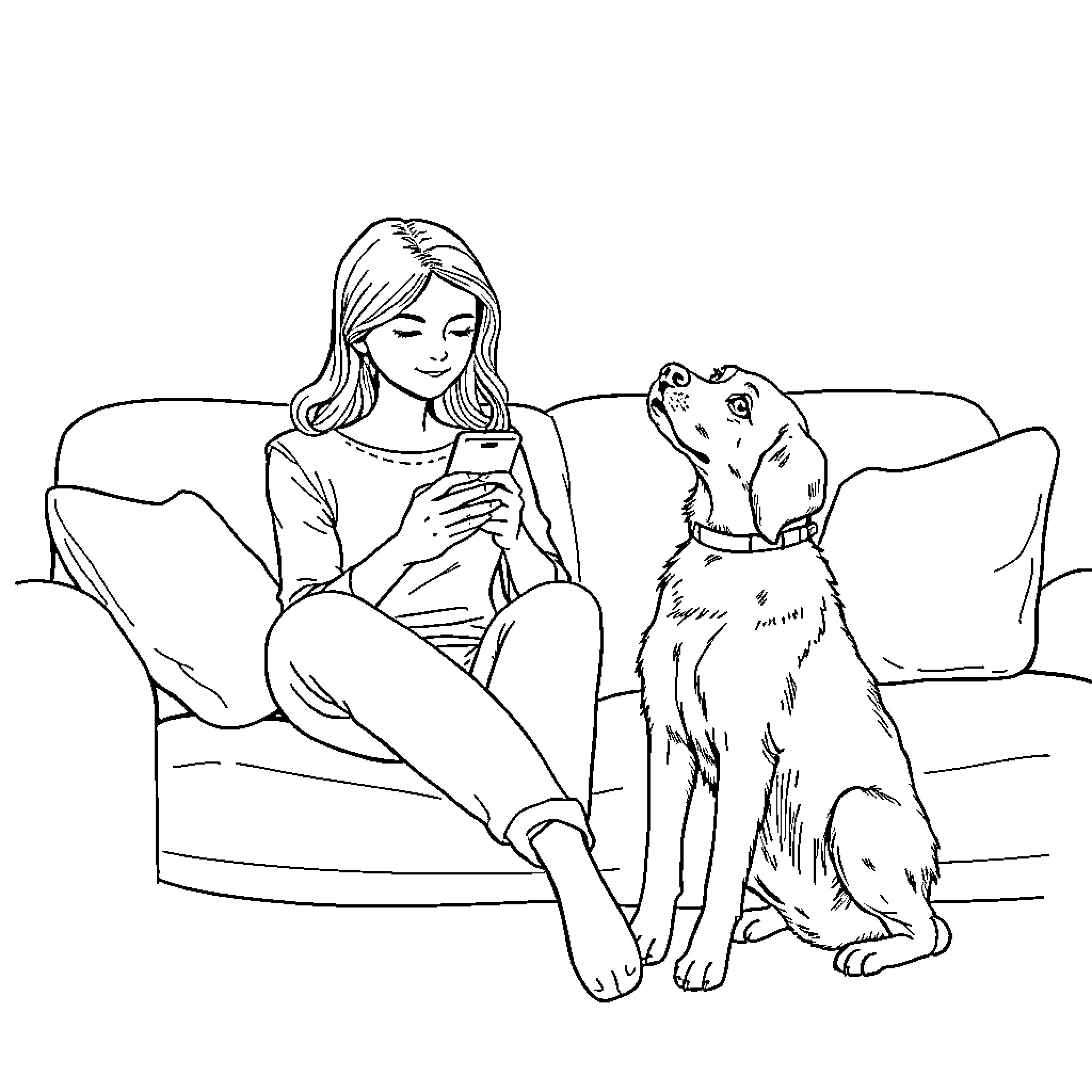 Lady relaxing on couch with her loyal dog Coloring Page (free black-and-white line drawing printable PDF for all, from beginners to advanced learners, including children, teens, adults, and seniors)