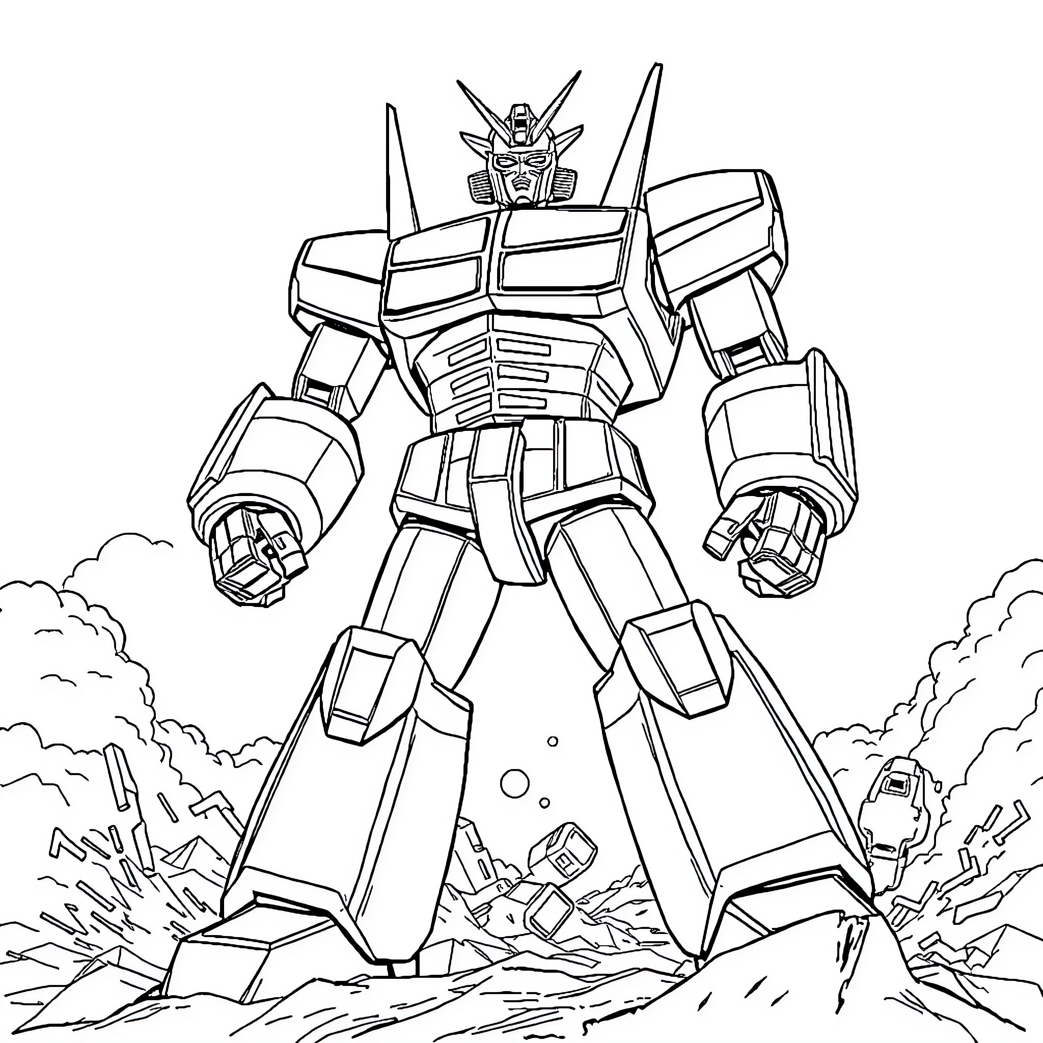 Mazinger Z standing tall in an epic battle Coloring Page (free black-and-white line drawing printable PDF for all, from beginners to advanced learners, including children, teens, adults, and seniors)