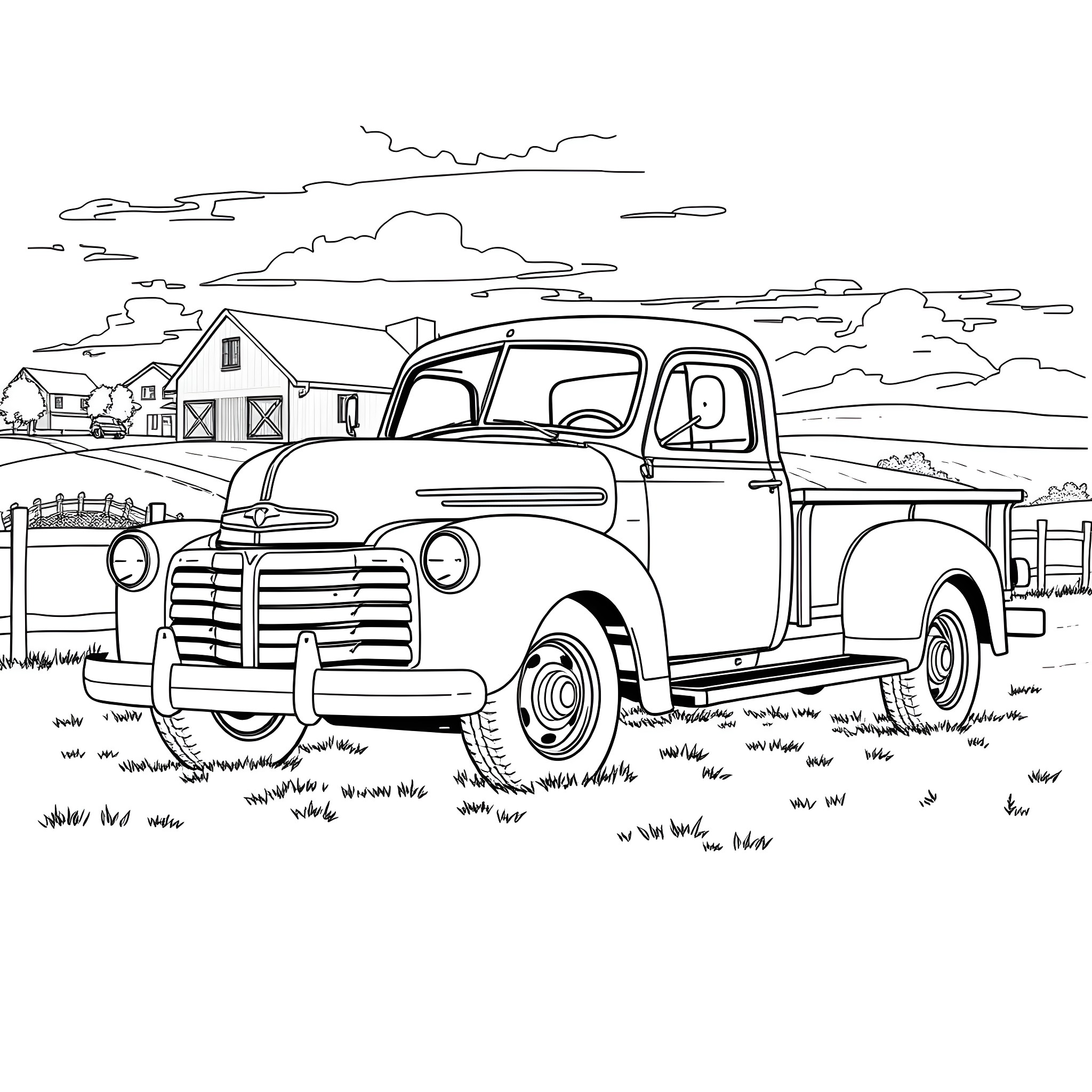 Truck parked in rustic countryside setting Coloring Page (free black-and-white line drawing printable PDF for all, from beginners to advanced learners, including children, teens, adults, and seniors)