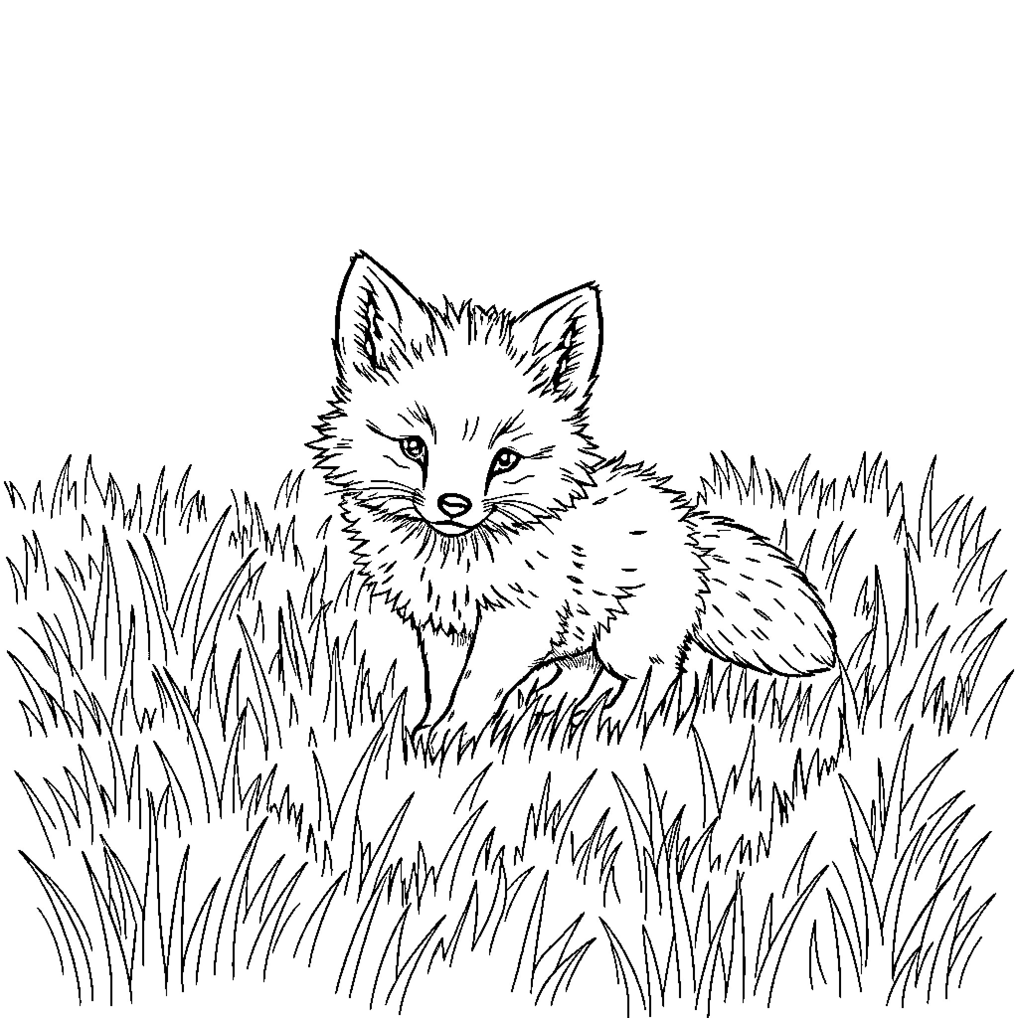 Fox peering curiously from tall grass Coloring Page (free black-and-white line drawing printable PDF for all, from beginners to advanced learners, including children, teens, adults, and seniors)