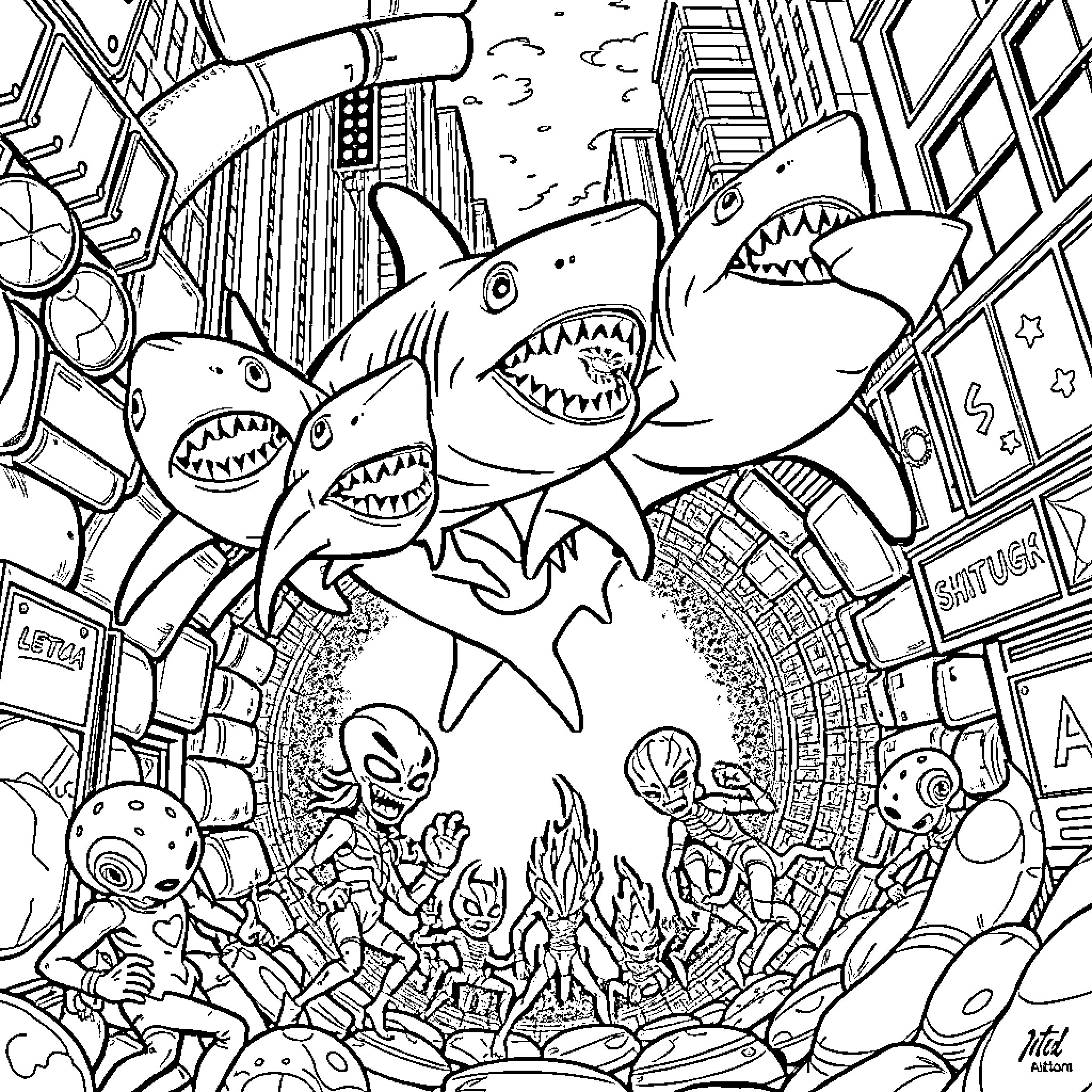 Shark Attack in the City Coloring Page (free black-and-white line drawing printable PDF for all, from beginners to advanced learners, including children, teens, adults, and seniors)