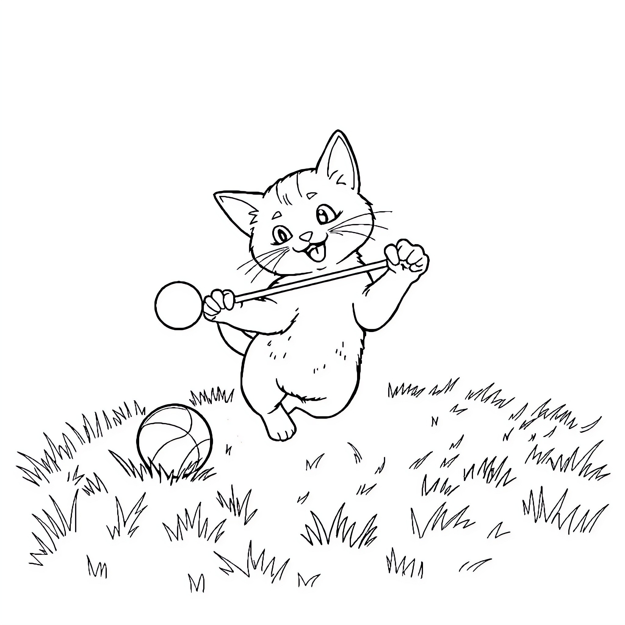 Cat playing with ball in grassy field Coloring Page (free black-and-white line drawing printable PDF for all, from beginners to advanced learners, including children, teens, adults, and seniors)