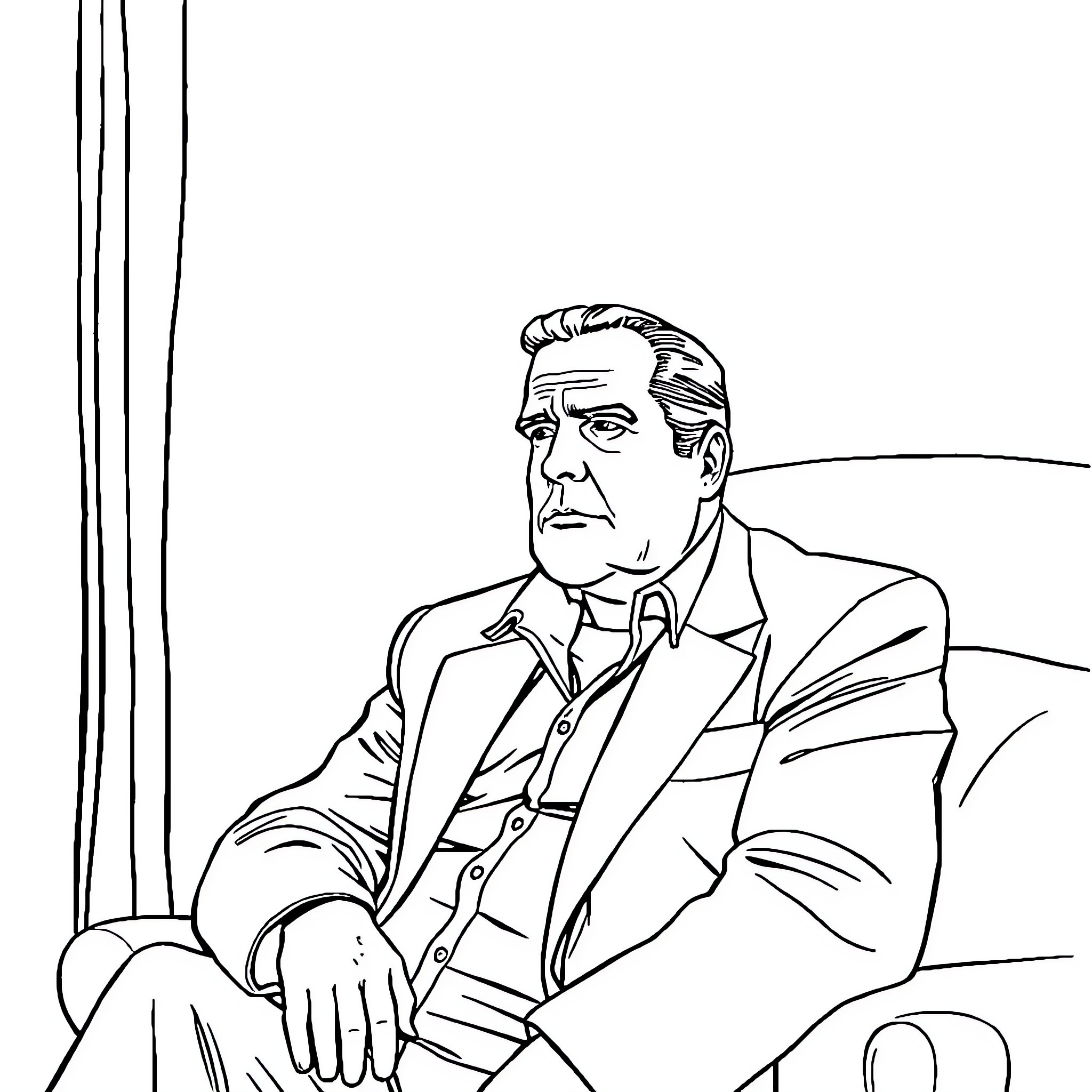 Tony Soprano contemplating in his office Coloring Page (free black-and-white line drawing printable PDF for all, from beginners to advanced learners, including children, teens, adults, and seniors)