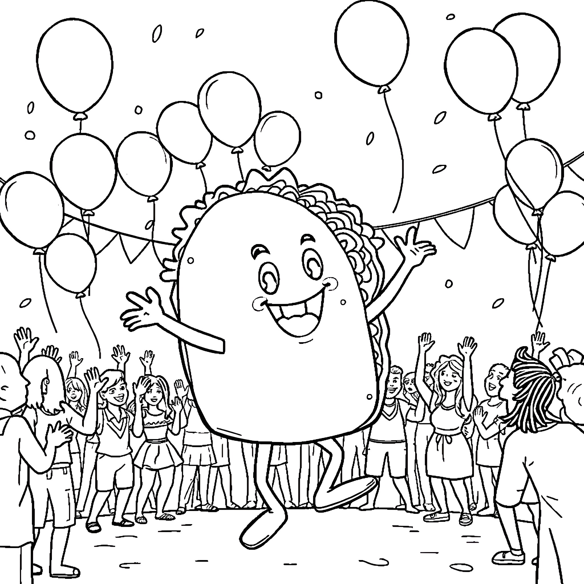 Taco character celebrating with a crowd Coloring Page (free black-and-white line drawing printable PDF for all, from beginners to advanced learners, including children, teens, adults, and seniors)