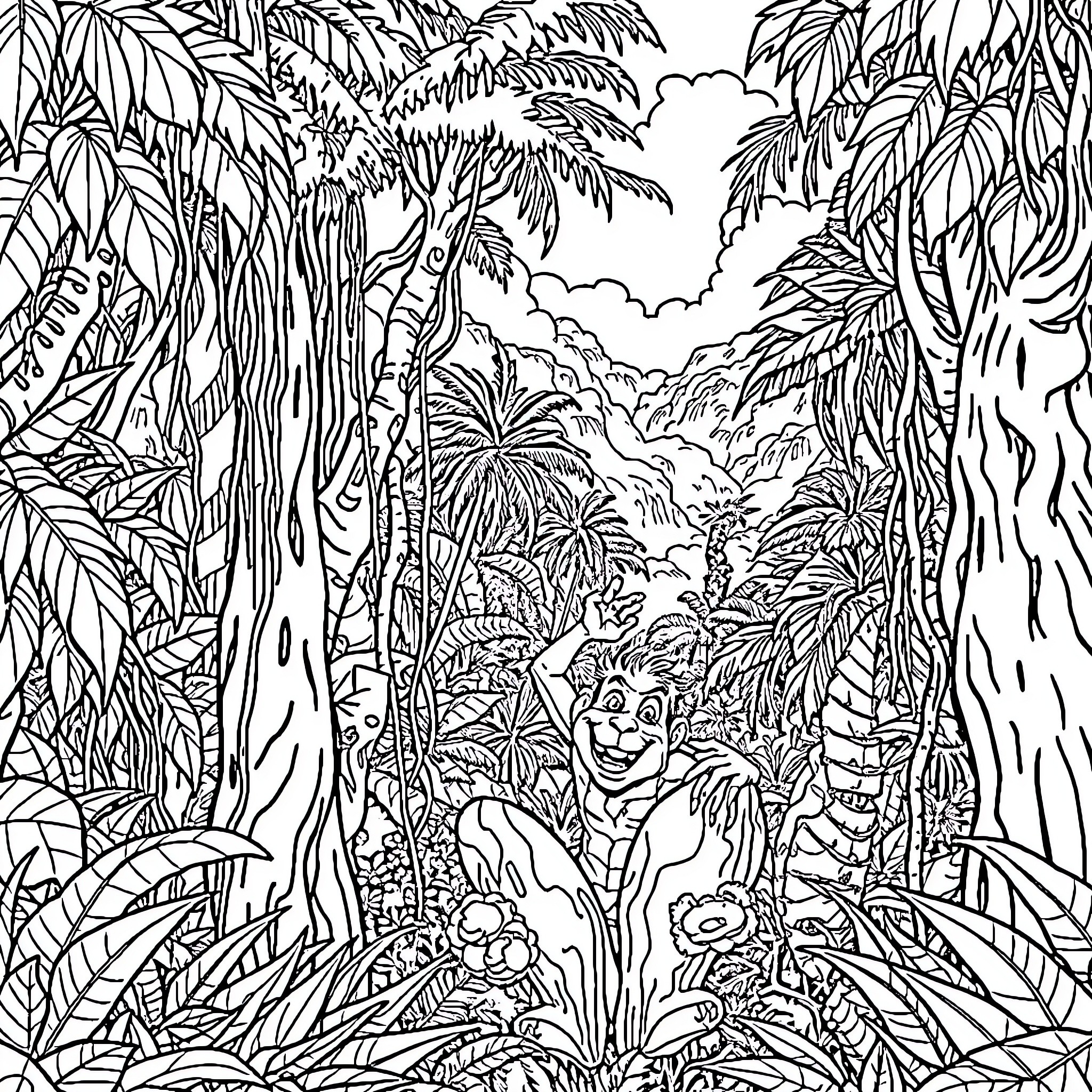 Tarzan's Jungle Adventure Coloring Page (free black-and-white line drawing printable PDF for all, from beginners to advanced learners, including children, teens, adults, and seniors)