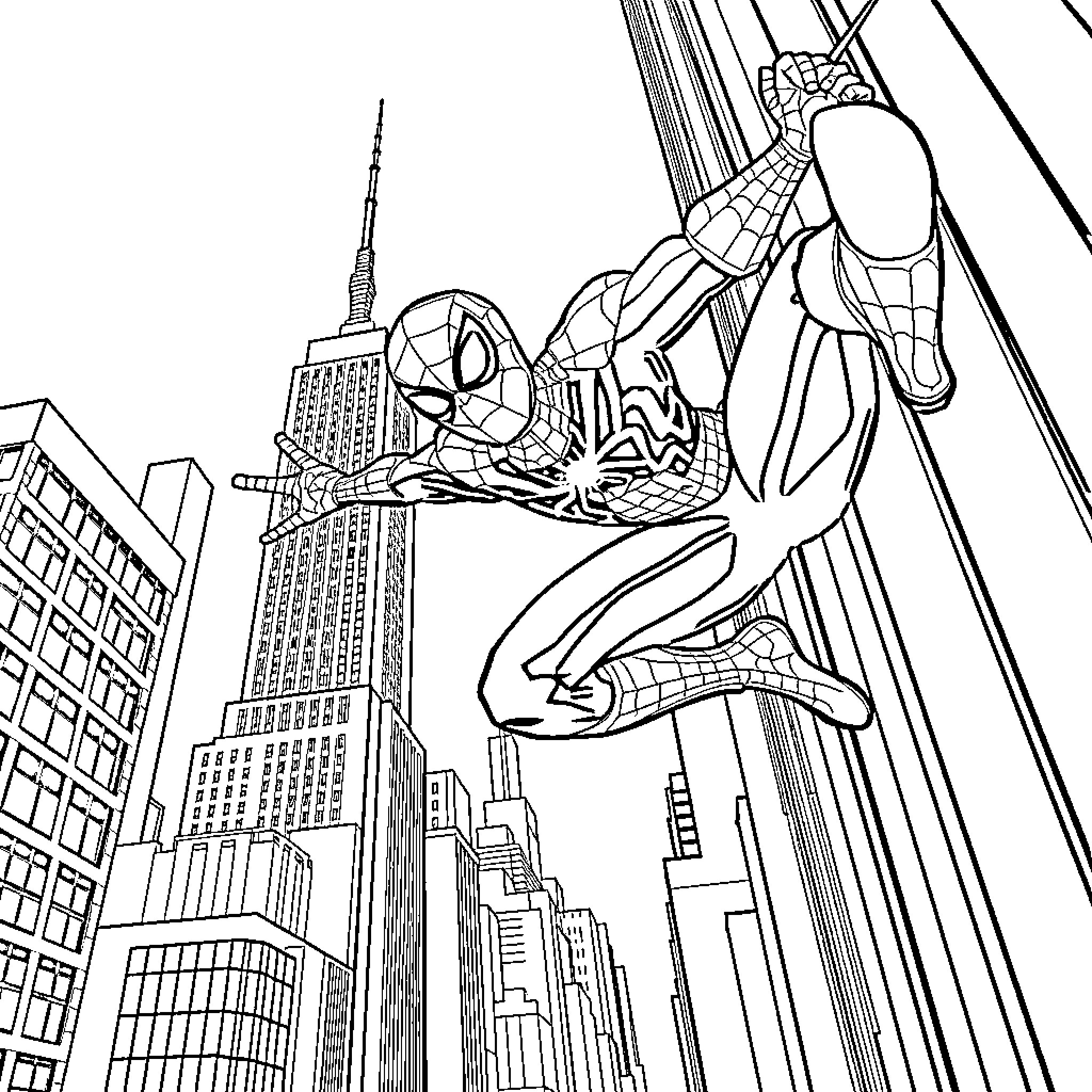 Spiderman swinging through the city skyline Coloring Page (free black-and-white line drawing printable PDF for all, from beginners to advanced learners, including children, teens, adults, and seniors)