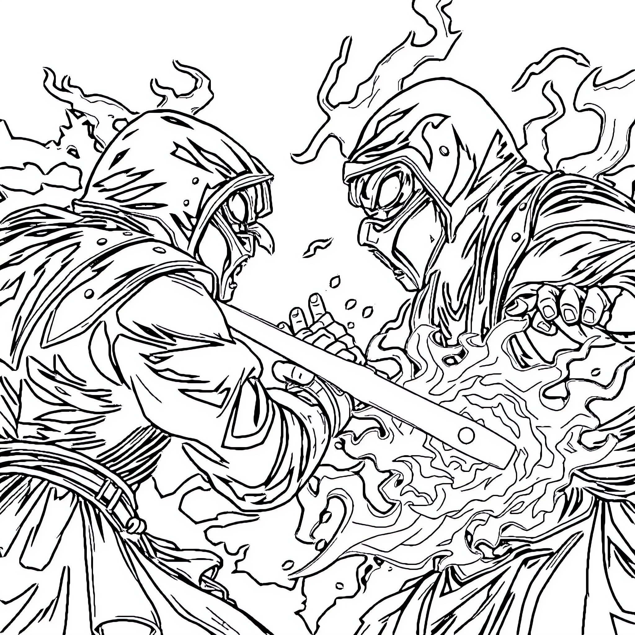 Mortal Kombat: Fierce Fighters Clash in Explosive Battle Coloring Page (free black-and-white line drawing printable PDF for all, from beginners to advanced learners, including children, teens, adults, and seniors)