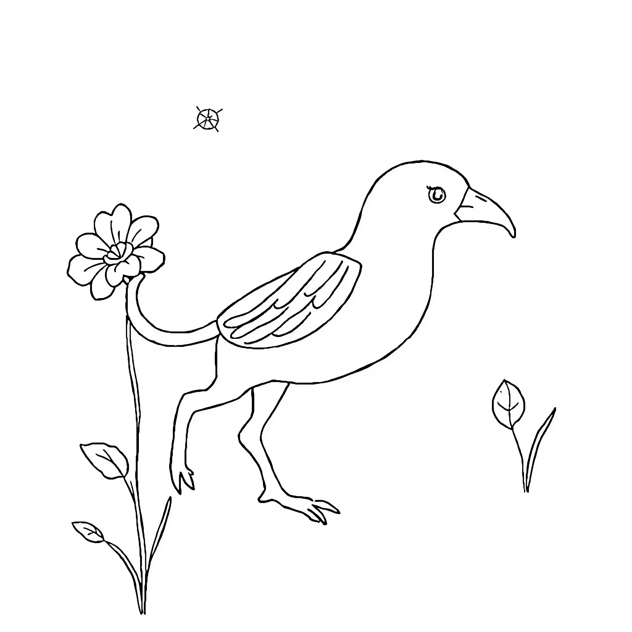 Drawing of a bird standing near a flower Coloring Page (free black-and-white line drawing printable PDF for all, from beginners to advanced learners, including children, teens, adults, and seniors)