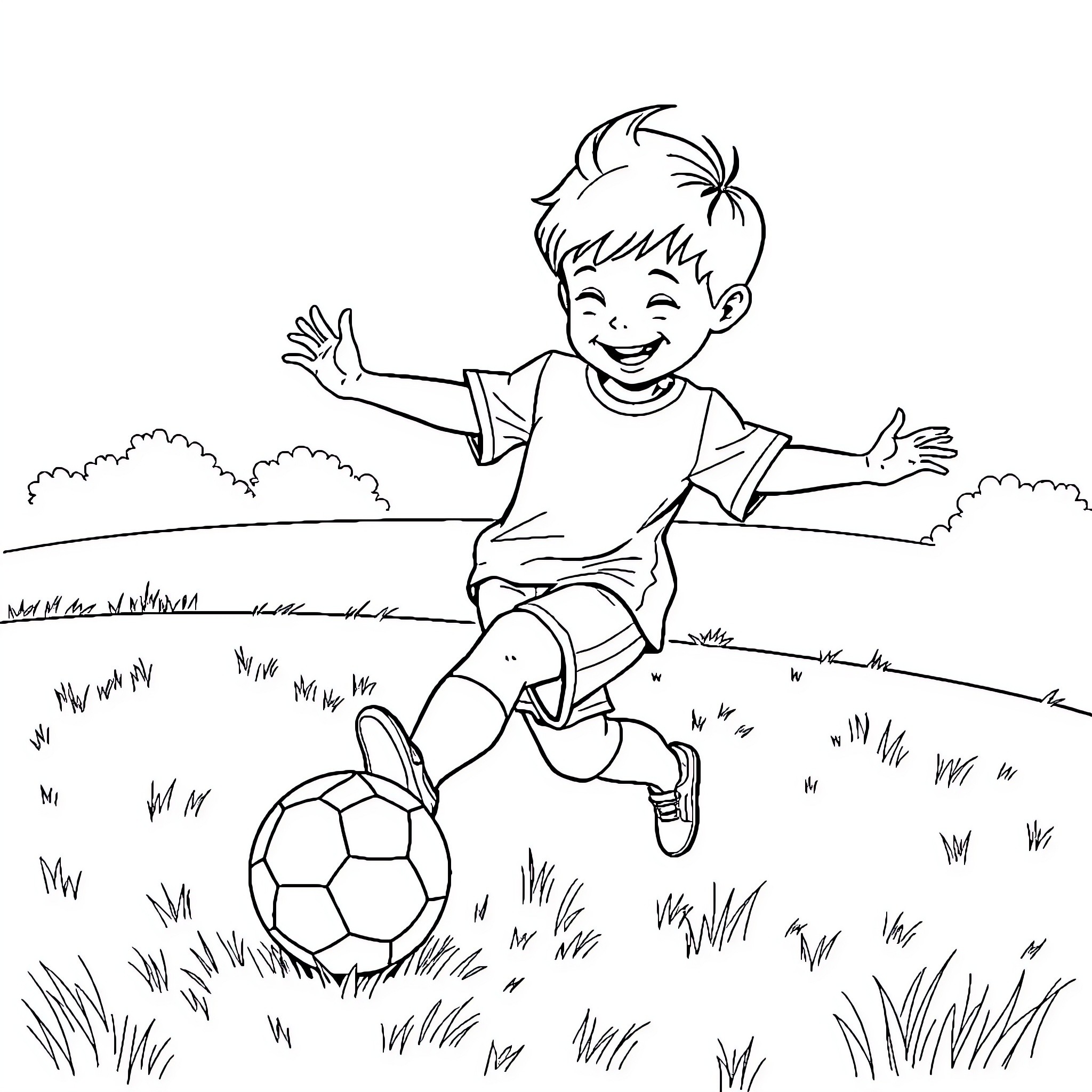 Child playing joyfully with soccer ball in the field Coloring Page (free black-and-white line drawing printable PDF for all, from beginners to advanced learners, including children, teens, adults, and seniors)