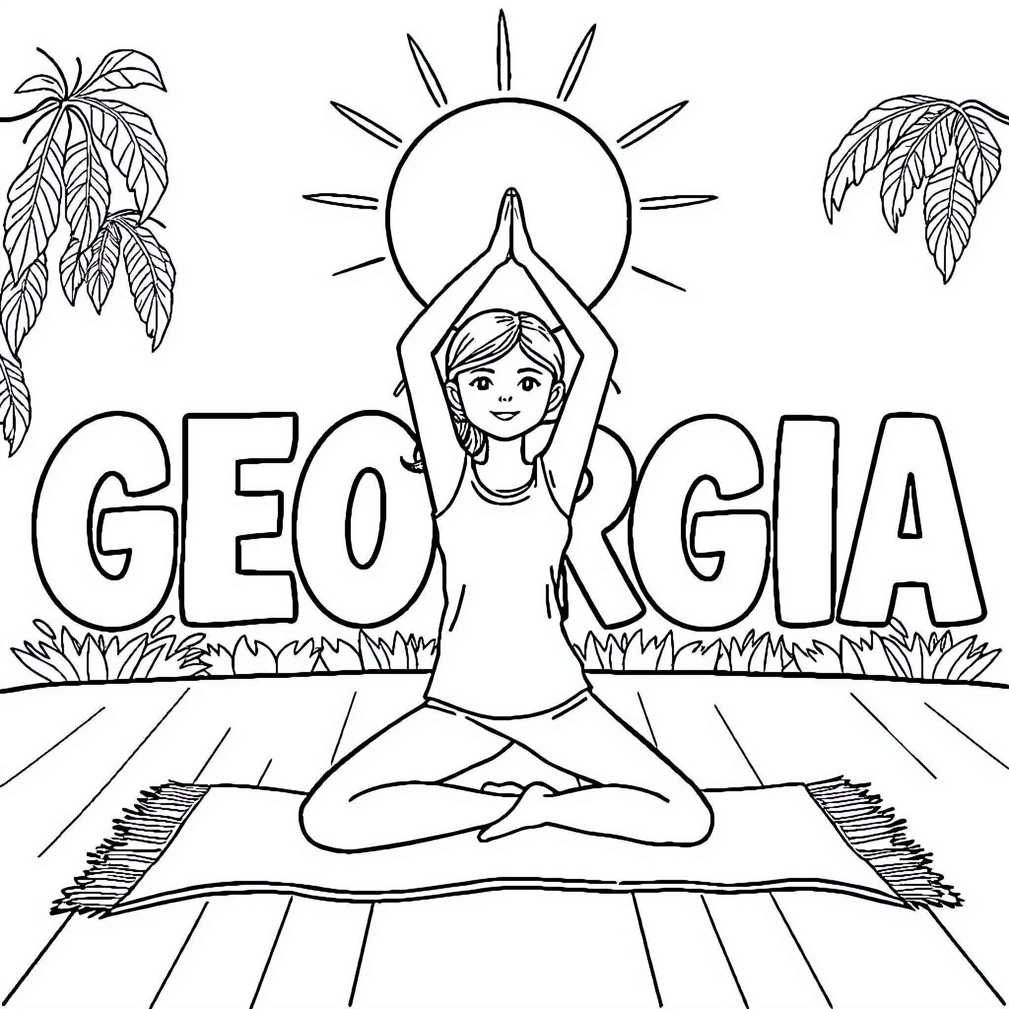 Girl practicing yoga in a tropical setting Coloring Page (free black-and-white line drawing printable PDF for all, from beginners to advanced learners, including children, teens, adults, and seniors)