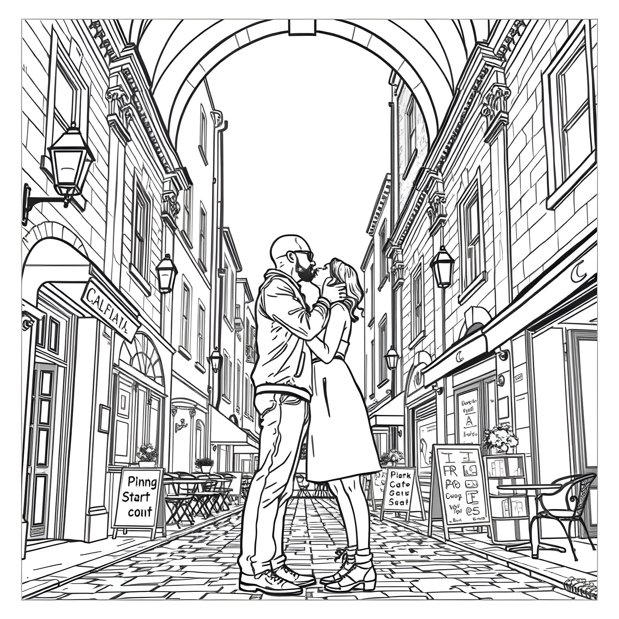 Walter White embraces his beloved in a cozy street scene Coloring Page (free black-and-white line drawing printable PDF for all, from beginners to advanced learners, including children, teens, adults, and seniors)