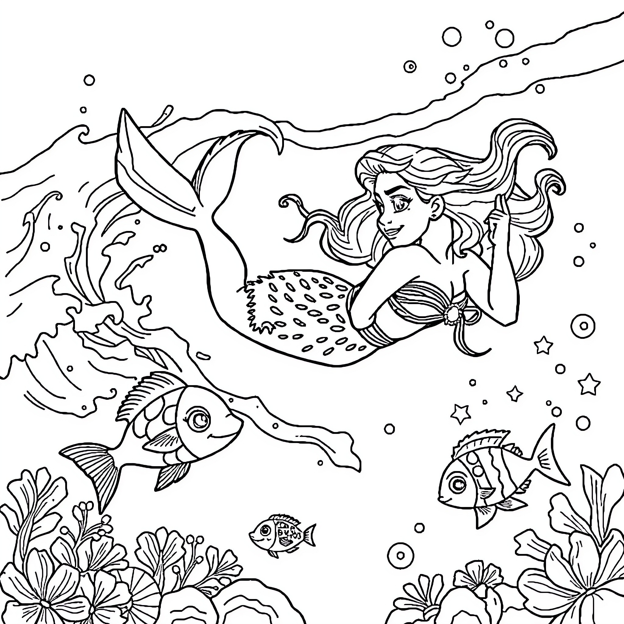 Moana exploring the underwater world with sea creatures Coloring Page (free black-and-white line drawing printable PDF for all, from beginners to advanced learners, including children, teens, adults, and seniors)
