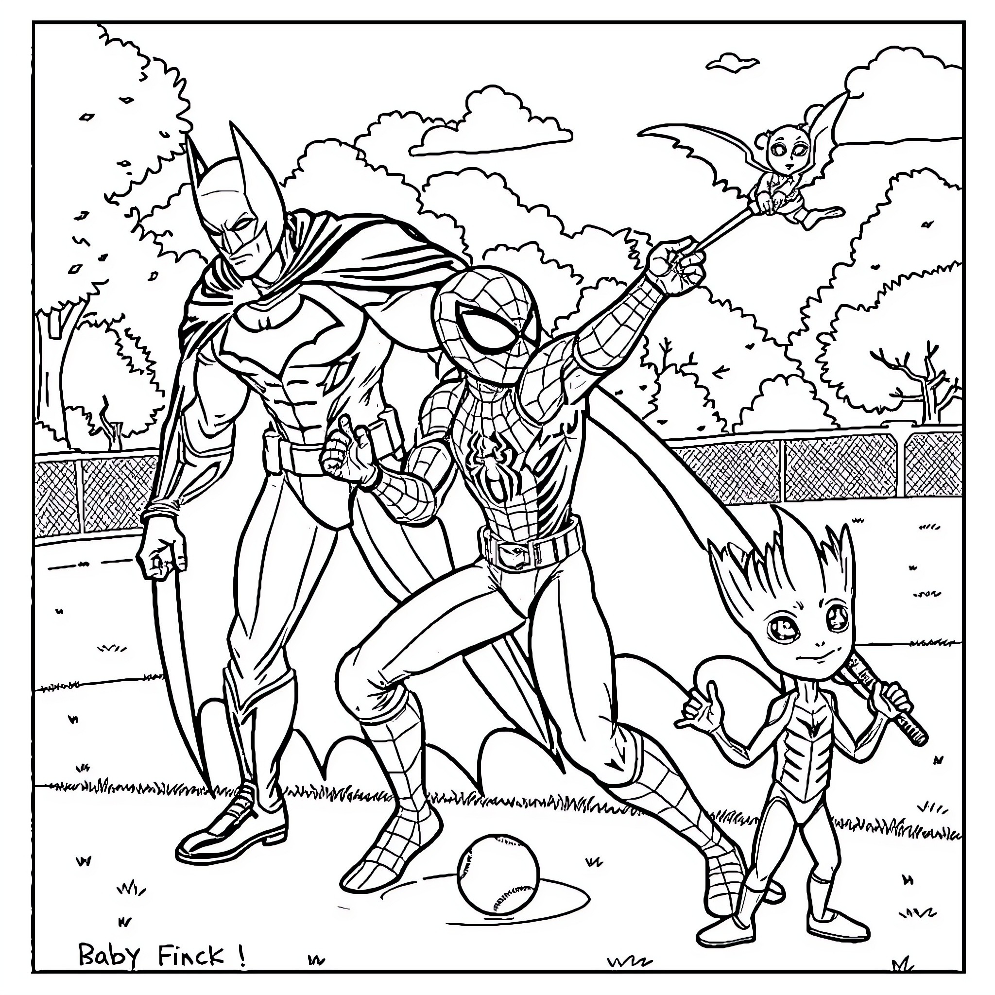 Superhero team faces off in epic outdoor battle Coloring Page (free black-and-white line drawing printable PDF for all, from beginners to advanced learners, including children, teens, adults, and seniors)