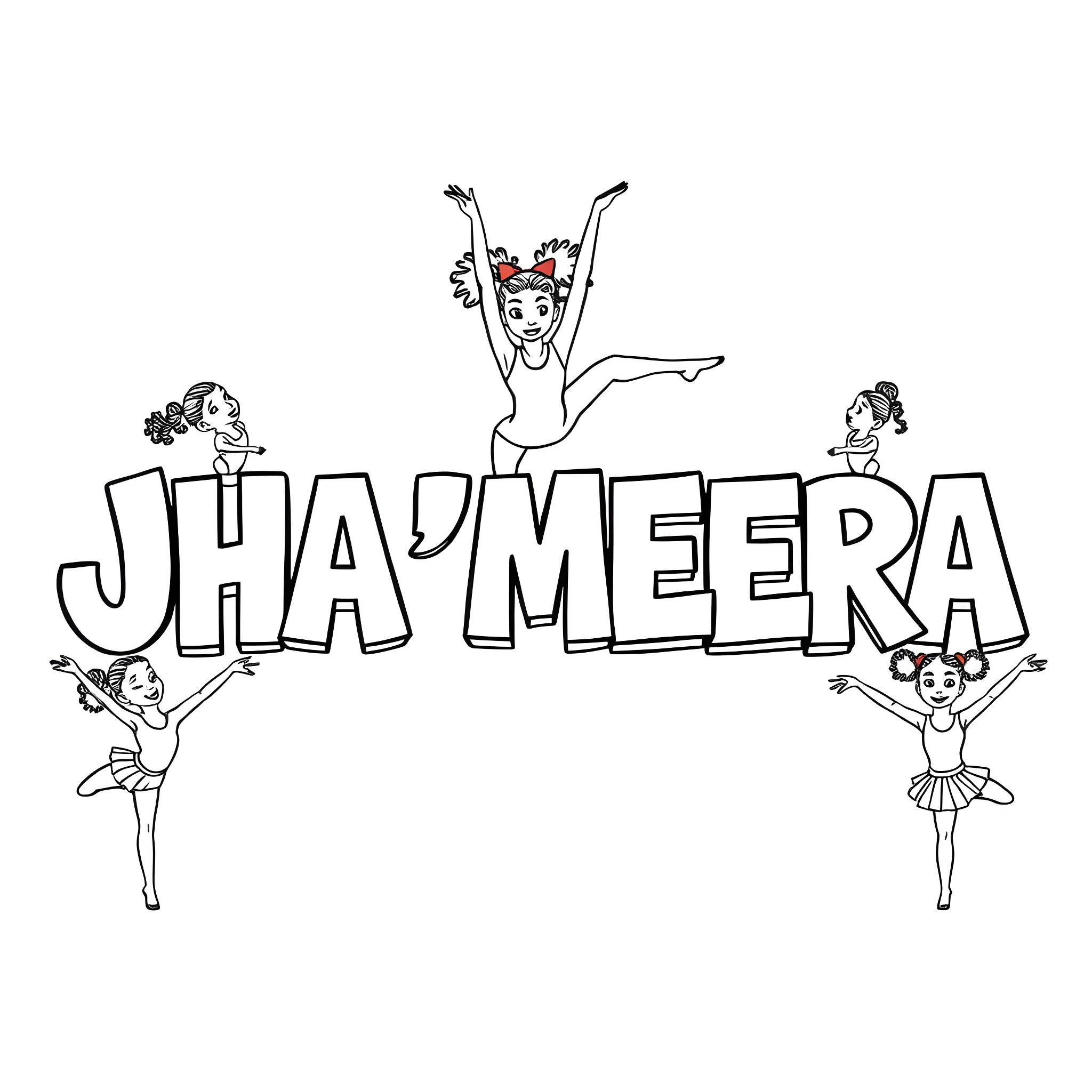 Jha'Meera's Dancing Ballerinas Coloring Page (free black-and-white line drawing printable PDF for all, from beginners to advanced learners, including children, teens, adults, and seniors)