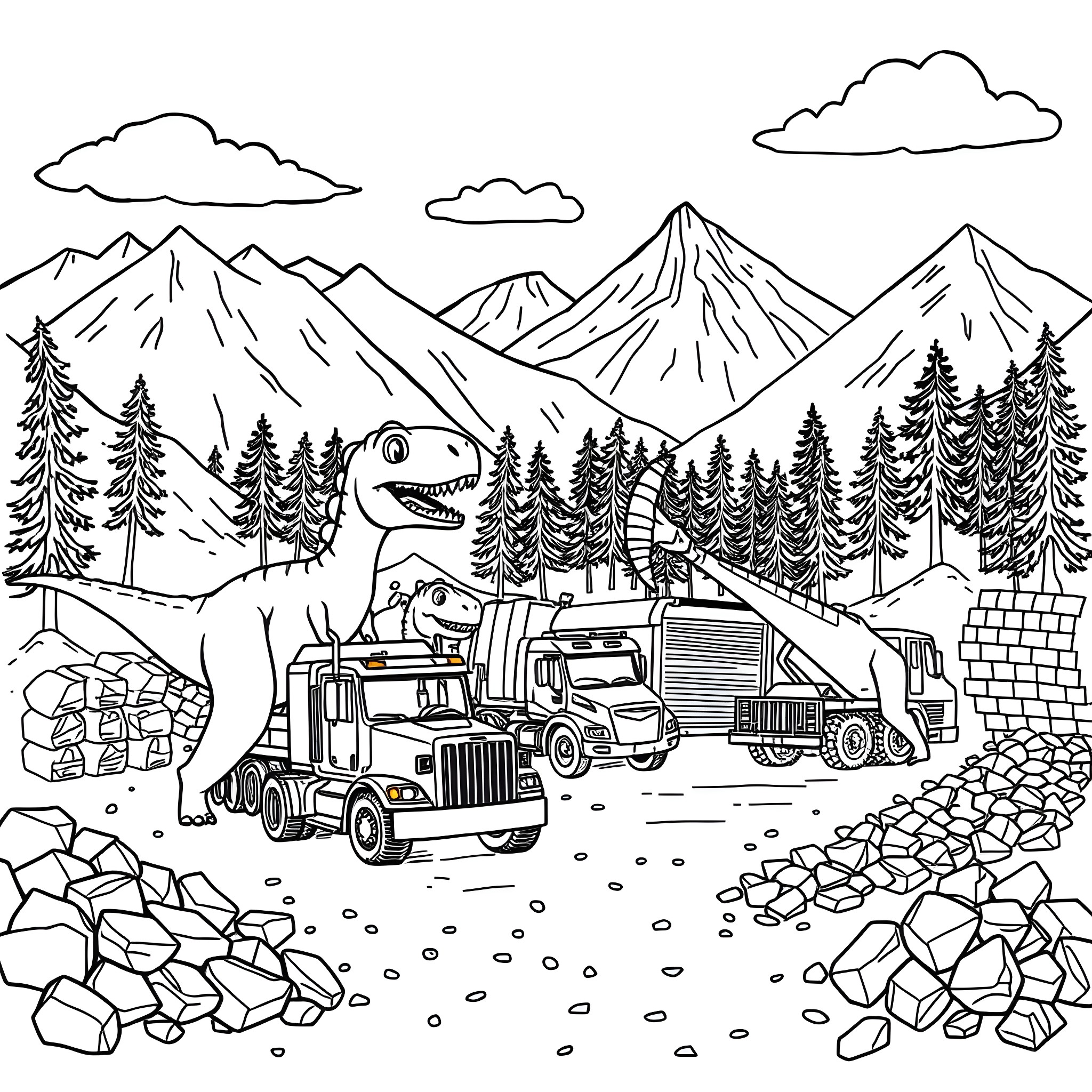 Dinosaur transporting cargo through mountain landscapes Coloring Page (free black-and-white line drawing printable PDF for all, from beginners to advanced learners, including children, teens, adults, and seniors)