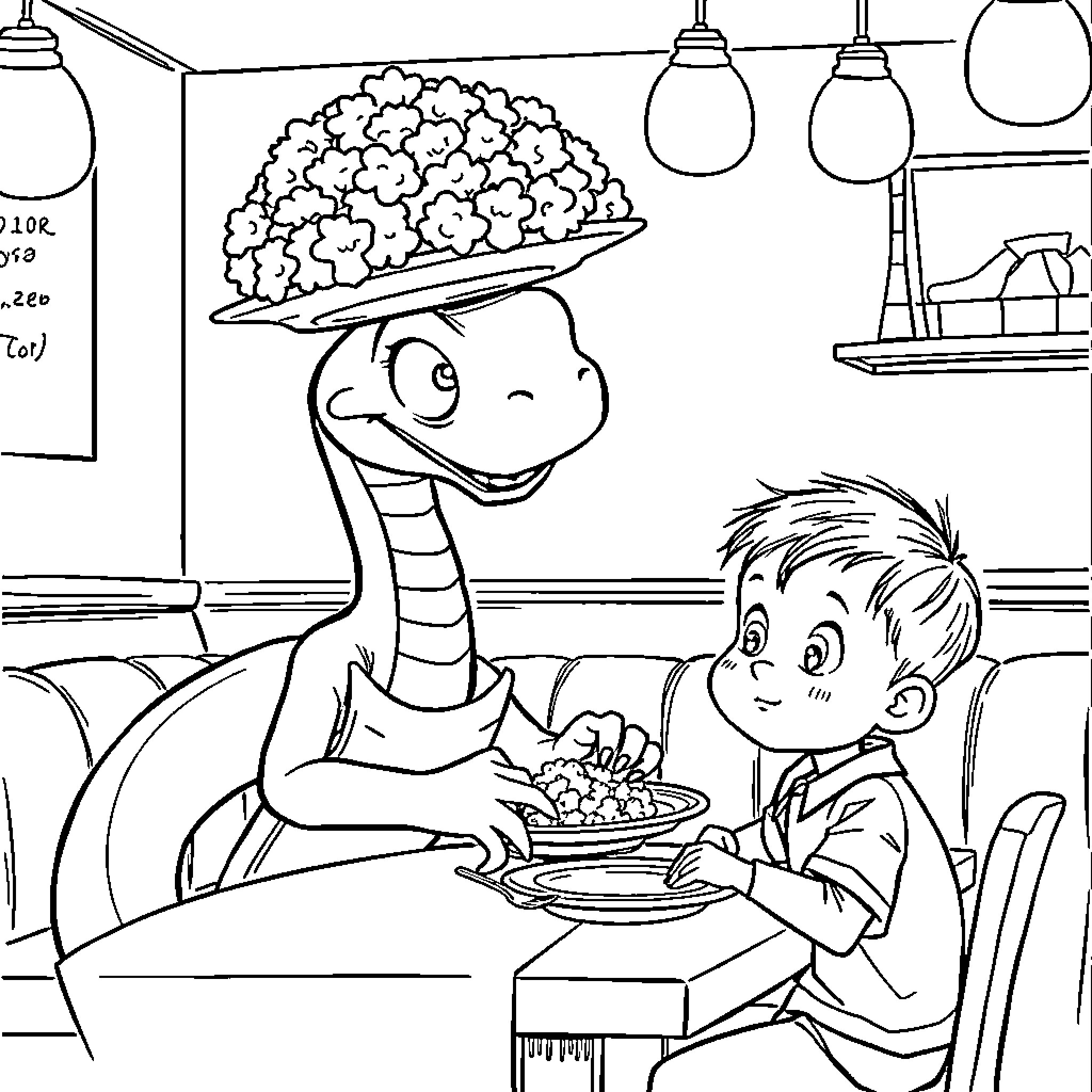 Snake serving a meal to a young boy Coloring Page (free black-and-white line drawing printable PDF for all, from beginners to advanced learners, including children, teens, adults, and seniors)