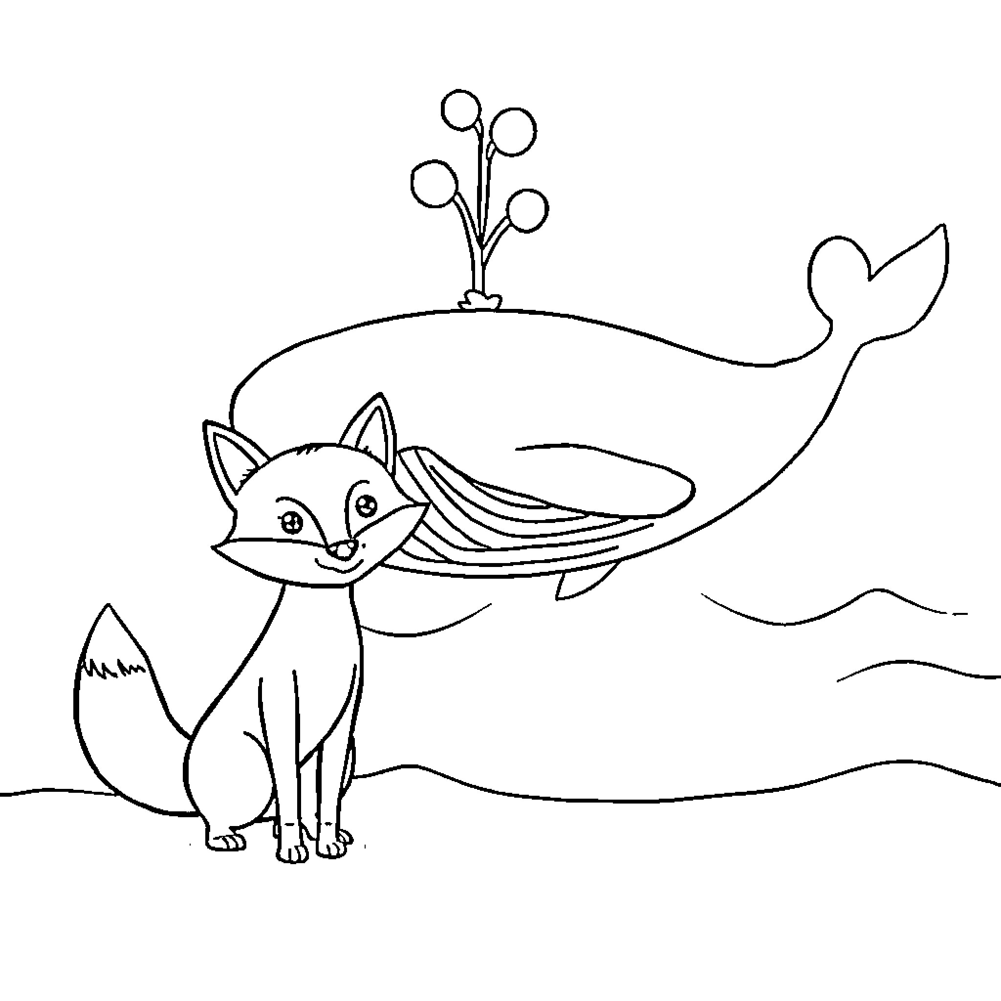 Fox swimming with a whale in the ocean Coloring Page (free black-and-white line drawing printable PDF for all, from beginners to advanced learners, including children, teens, adults, and seniors)