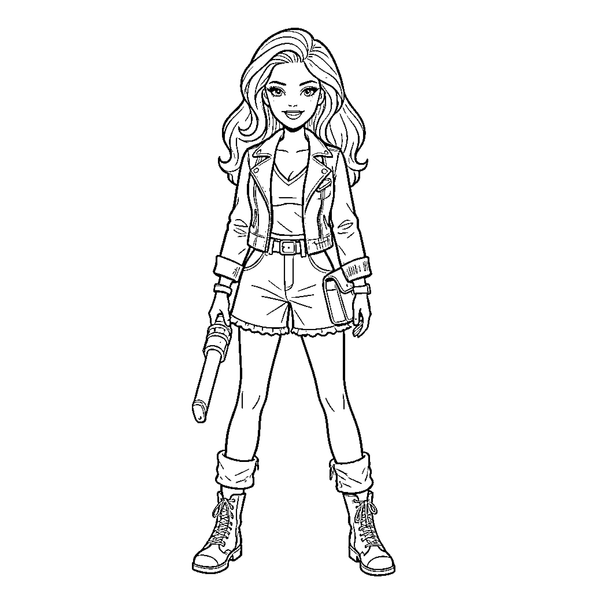Barbie posing confidently in a stylish jacket and shorts Coloring Page (free black-and-white line drawing printable PDF for all, from beginners to advanced learners, including children, teens, adults, and seniors)