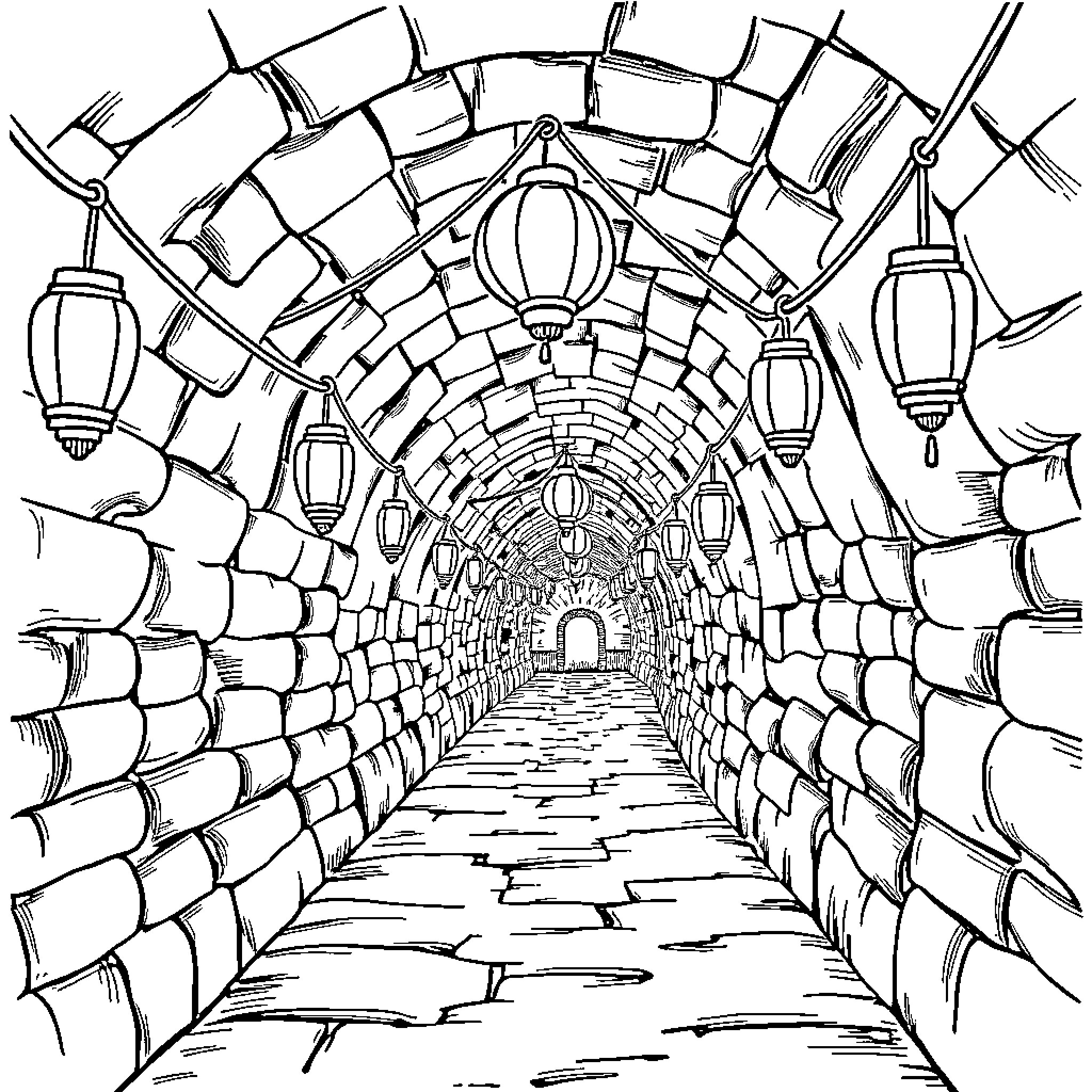 Tunnel of Intricate Archways and Lanterns Coloring Page (free black-and-white line drawing printable PDF for all, from beginners to advanced learners, including children, teens, adults, and seniors)
