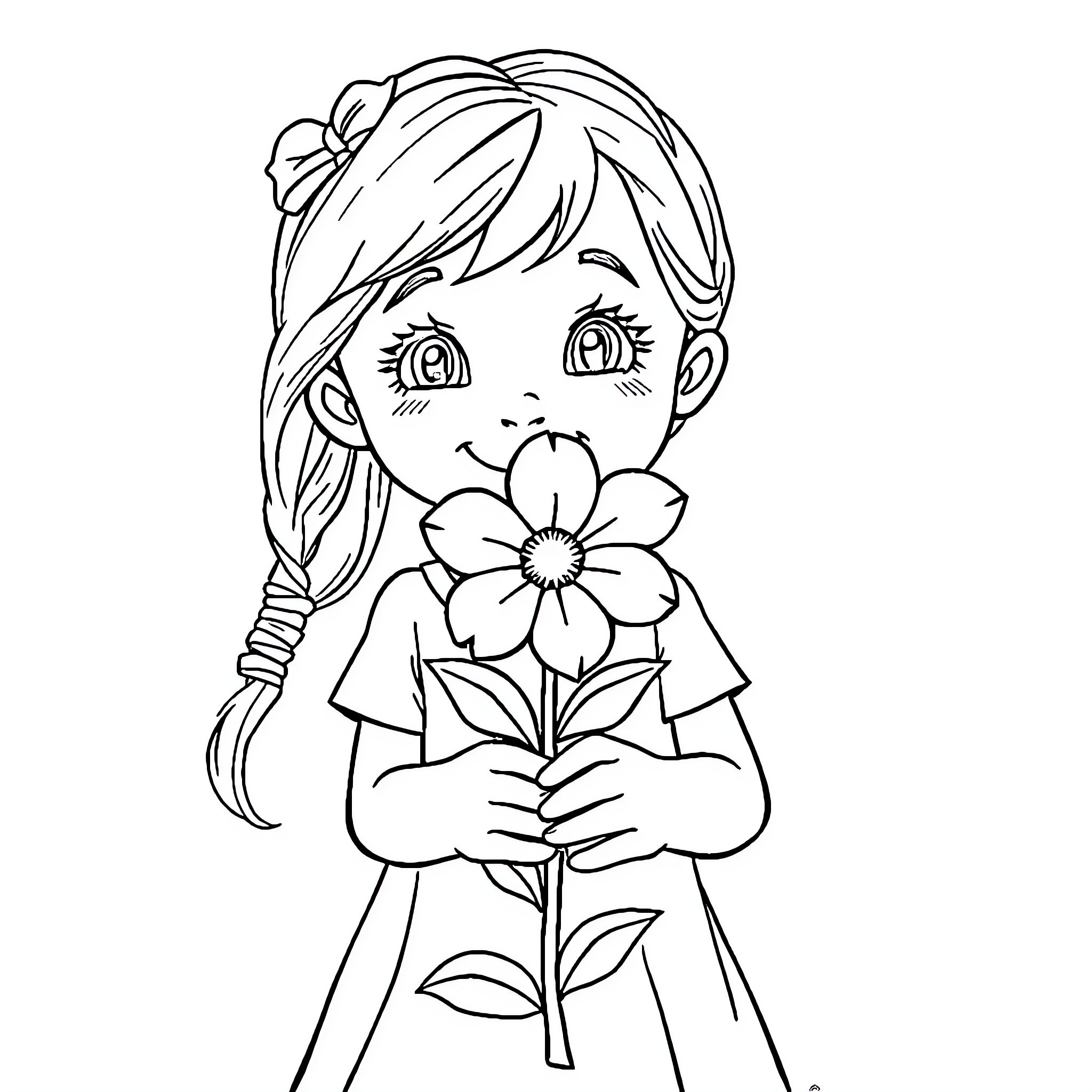 Girl holding a flower and smiling Coloring Page (free black-and-white line drawing printable PDF for all, from beginners to advanced learners, including children, teens, adults, and seniors)