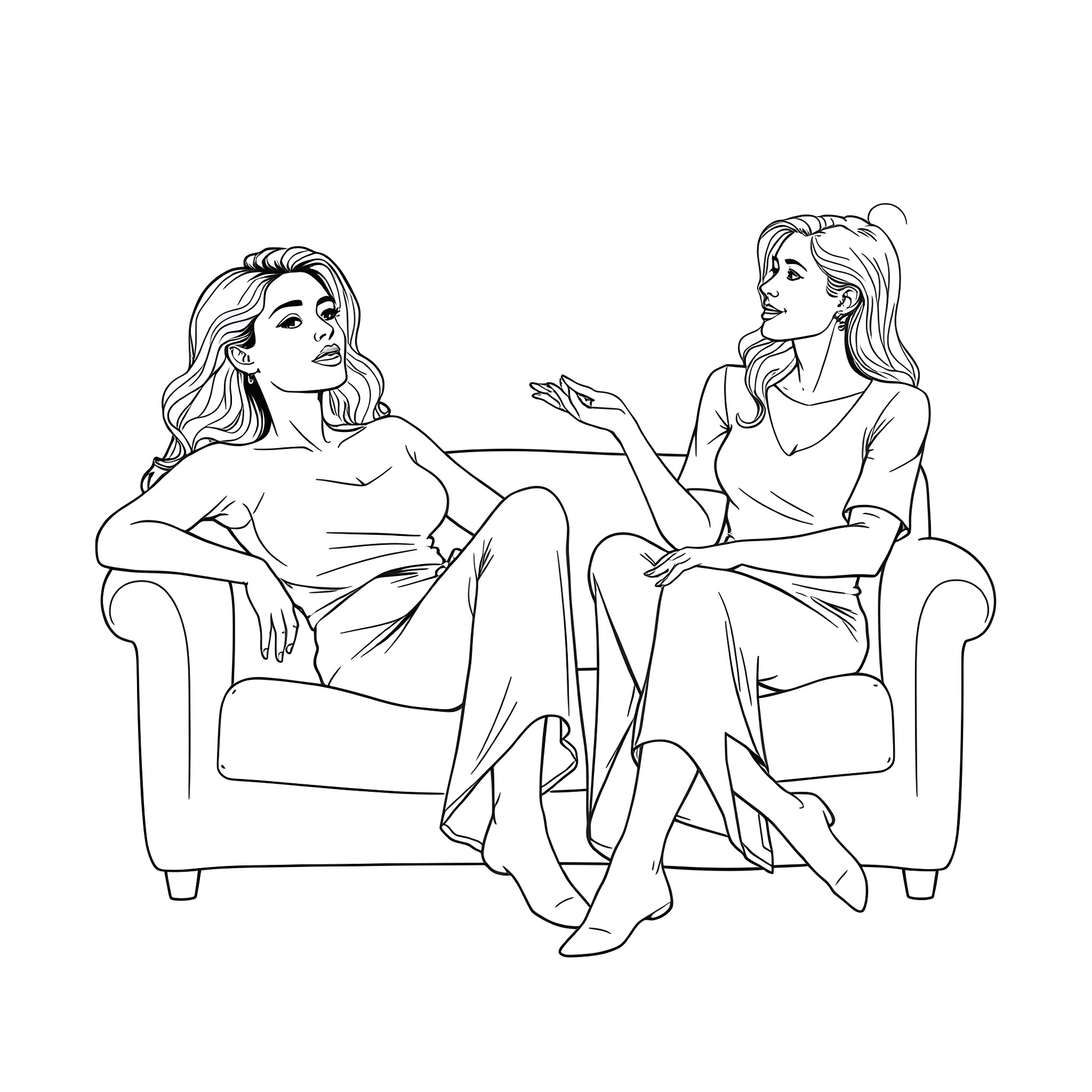 Women having a friendly conversation on couch Coloring Page (free black-and-white line drawing printable PDF for all, from beginners to advanced learners, including children, teens, adults, and seniors)