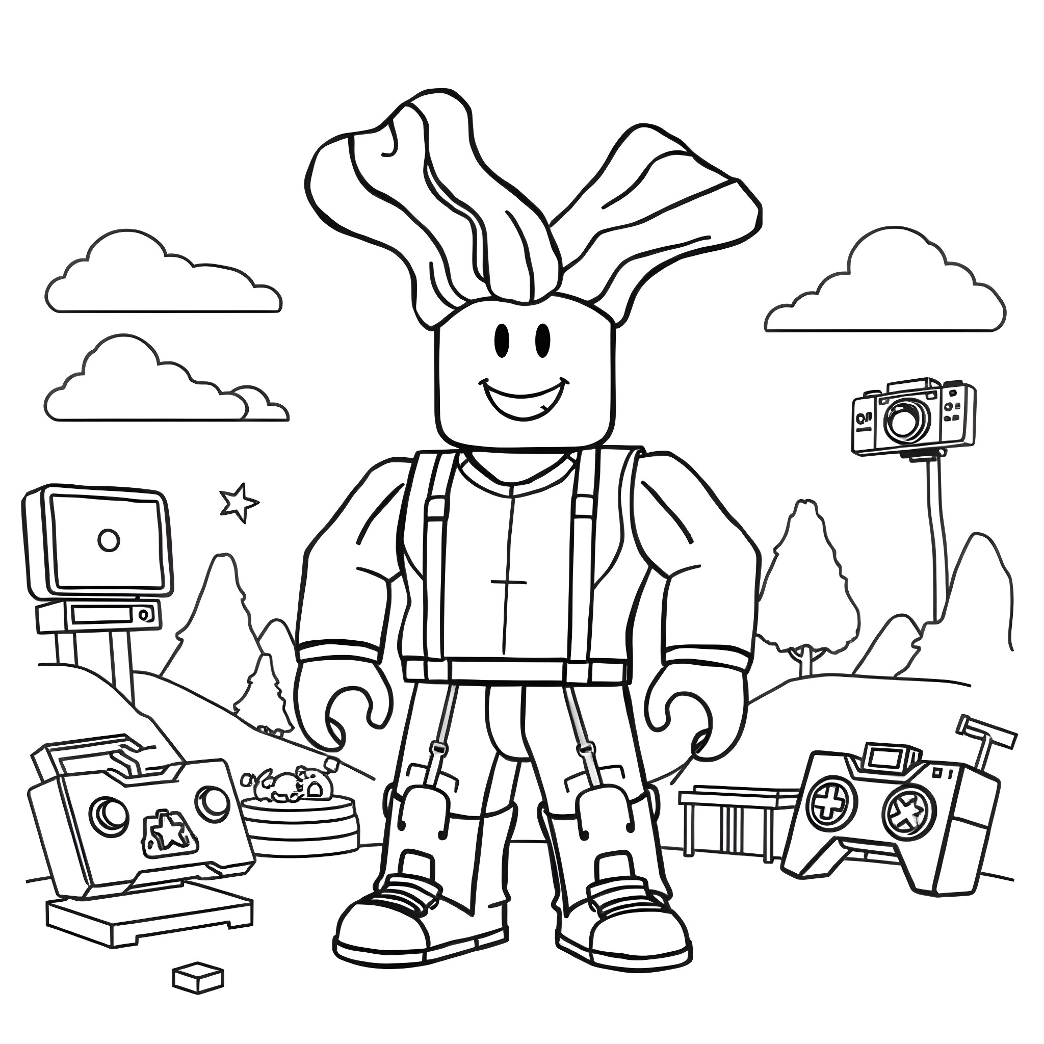 Roblox Figure Exploring Outdoor Adventure Coloring Page (free black-and-white line drawing printable PDF for all, from beginners to advanced learners, including children, teens, adults, and seniors)