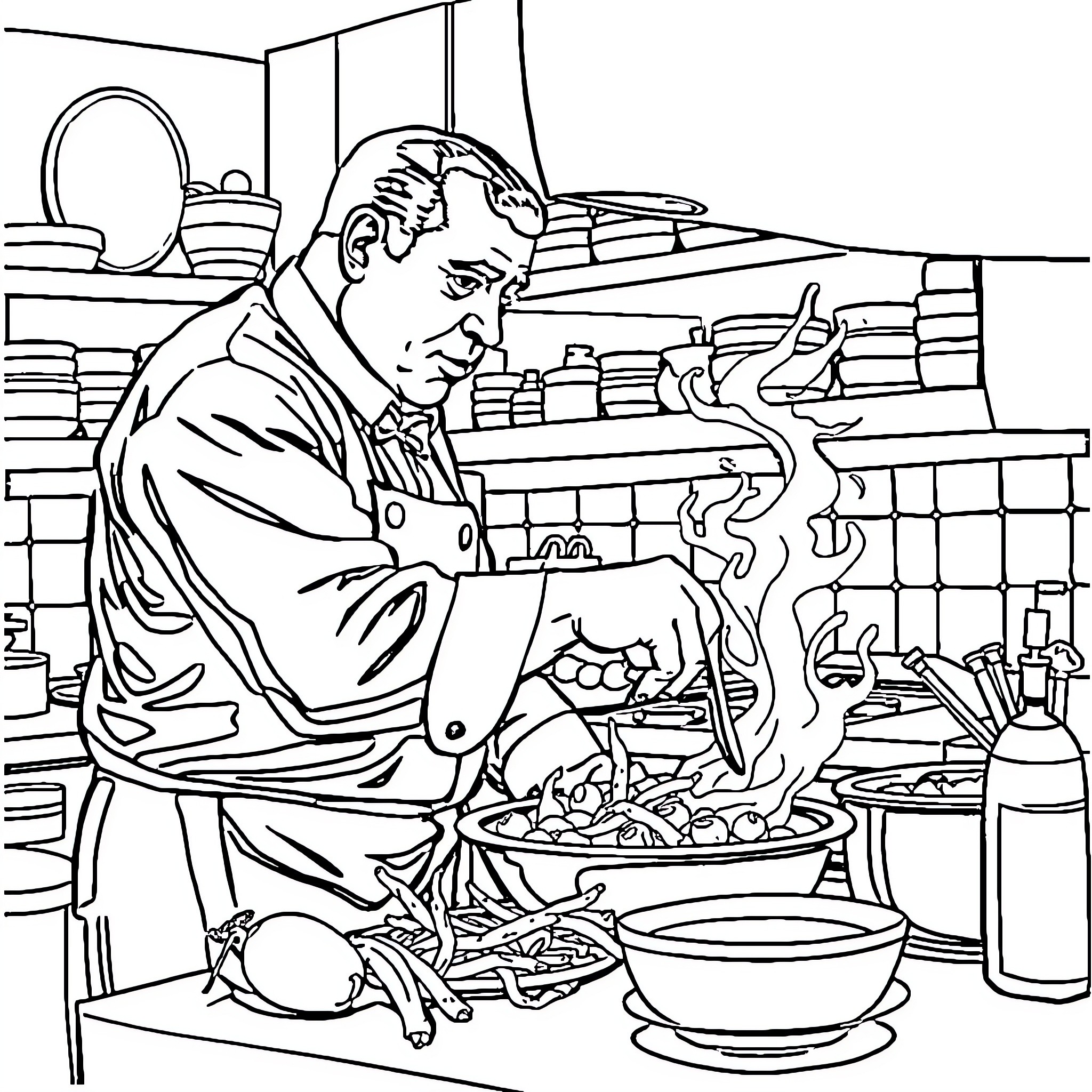 Al Capone Cooking in a Cluttered Kitchen Coloring Page (free black-and-white line drawing printable PDF for all, from beginners to advanced learners, including children, teens, adults, and seniors)