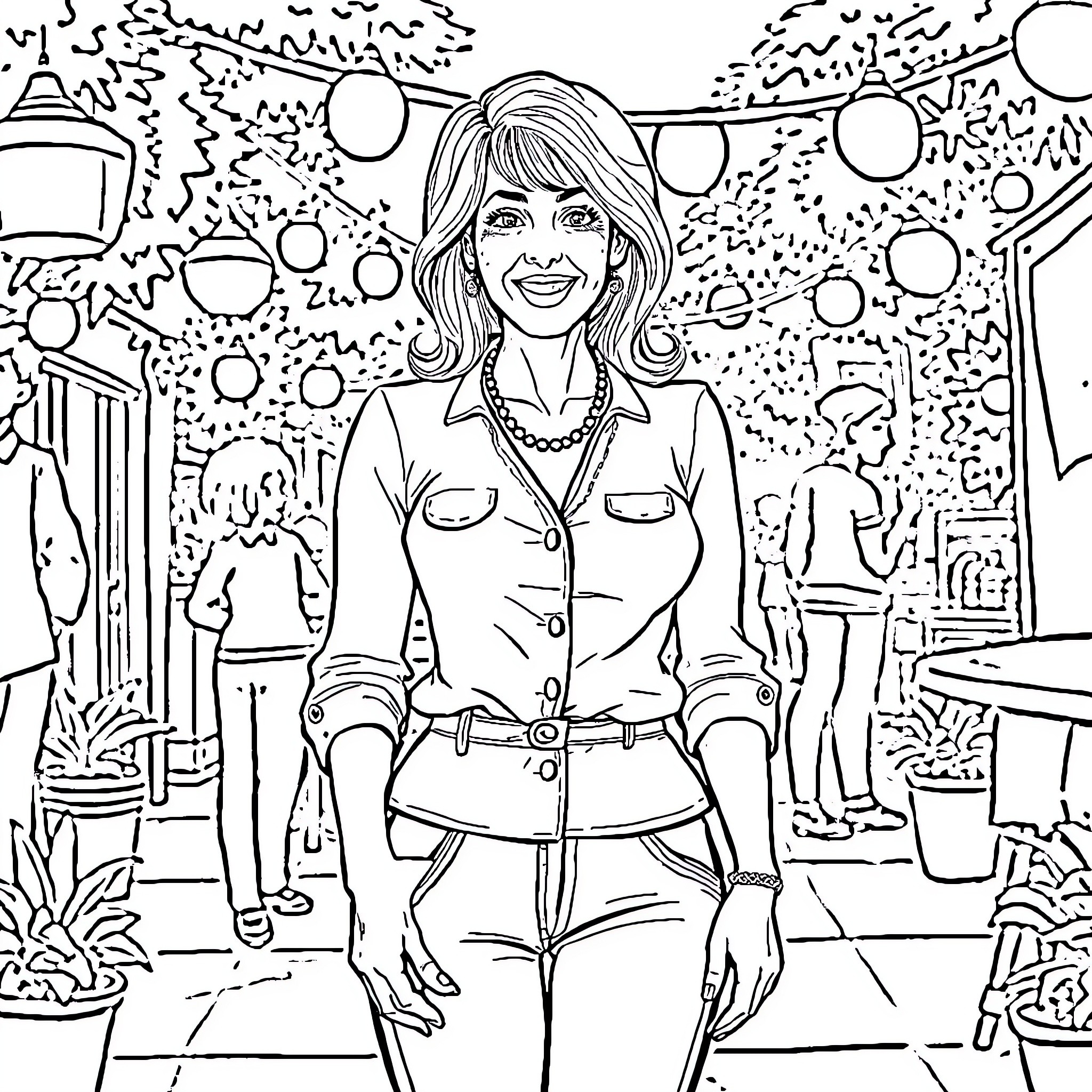 Marylin Thornhill smiling cheerfully in a colorful outdoor setting Coloring Page (free black-and-white line drawing printable PDF for all, from beginners to advanced learners, including children, teens, adults, and seniors)