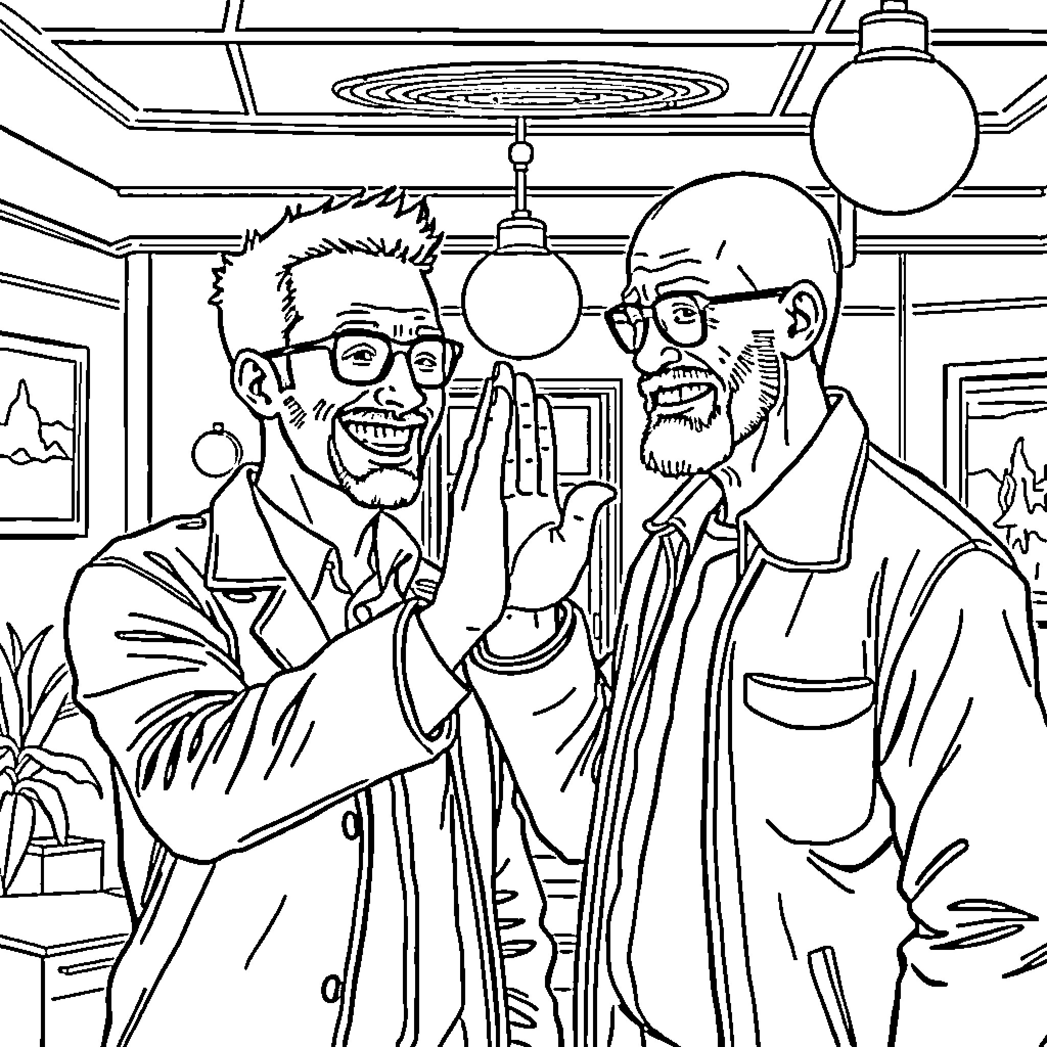 Gus Fring and Companion in Conversation Coloring Page (free black-and-white line drawing printable PDF for all, from beginners to advanced learners, including children, teens, adults, and seniors)