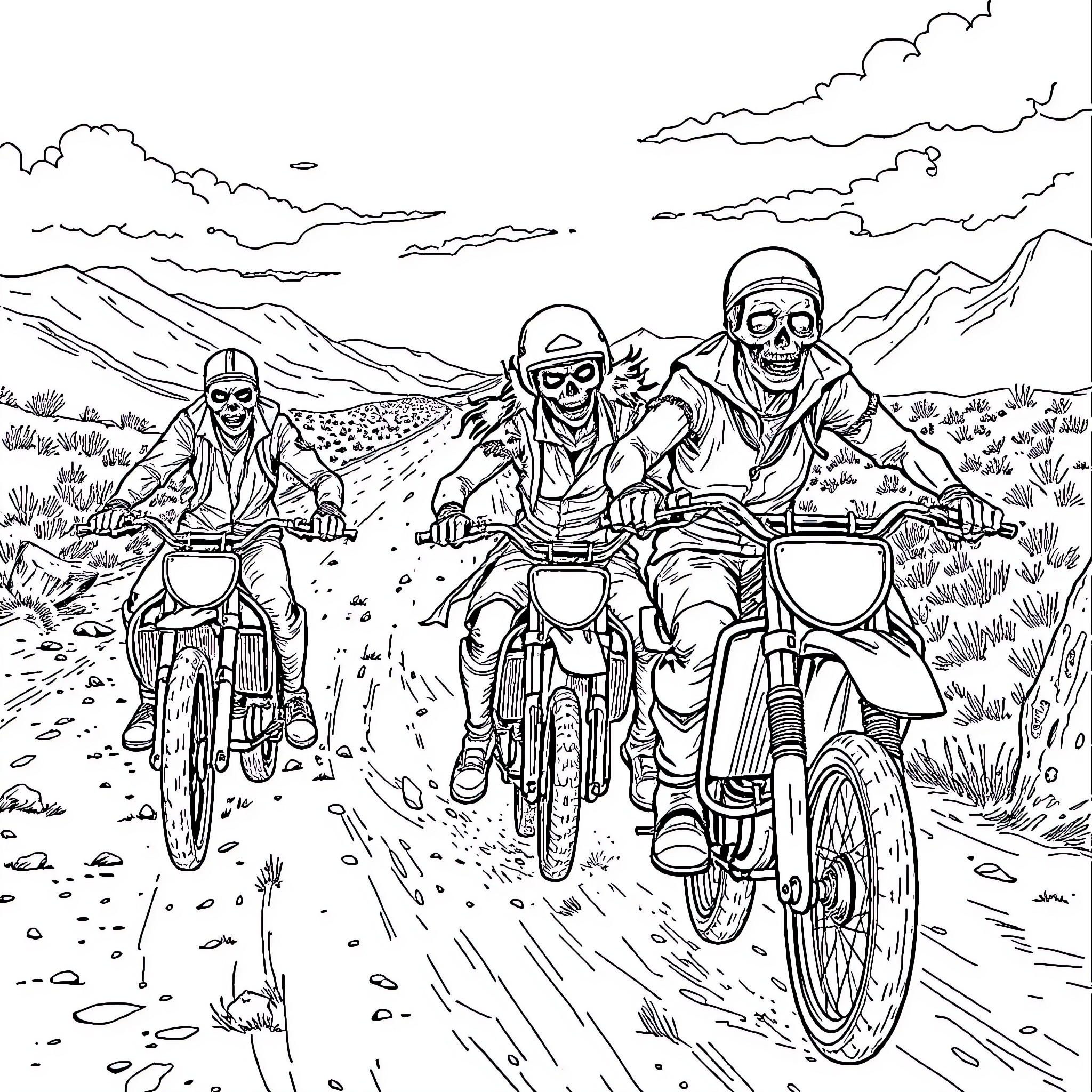 Zombie Bikers Riding through Eerie Landscape Coloring Page (free black-and-white line drawing printable PDF for all, from beginners to advanced learners, including children, teens, adults, and seniors)