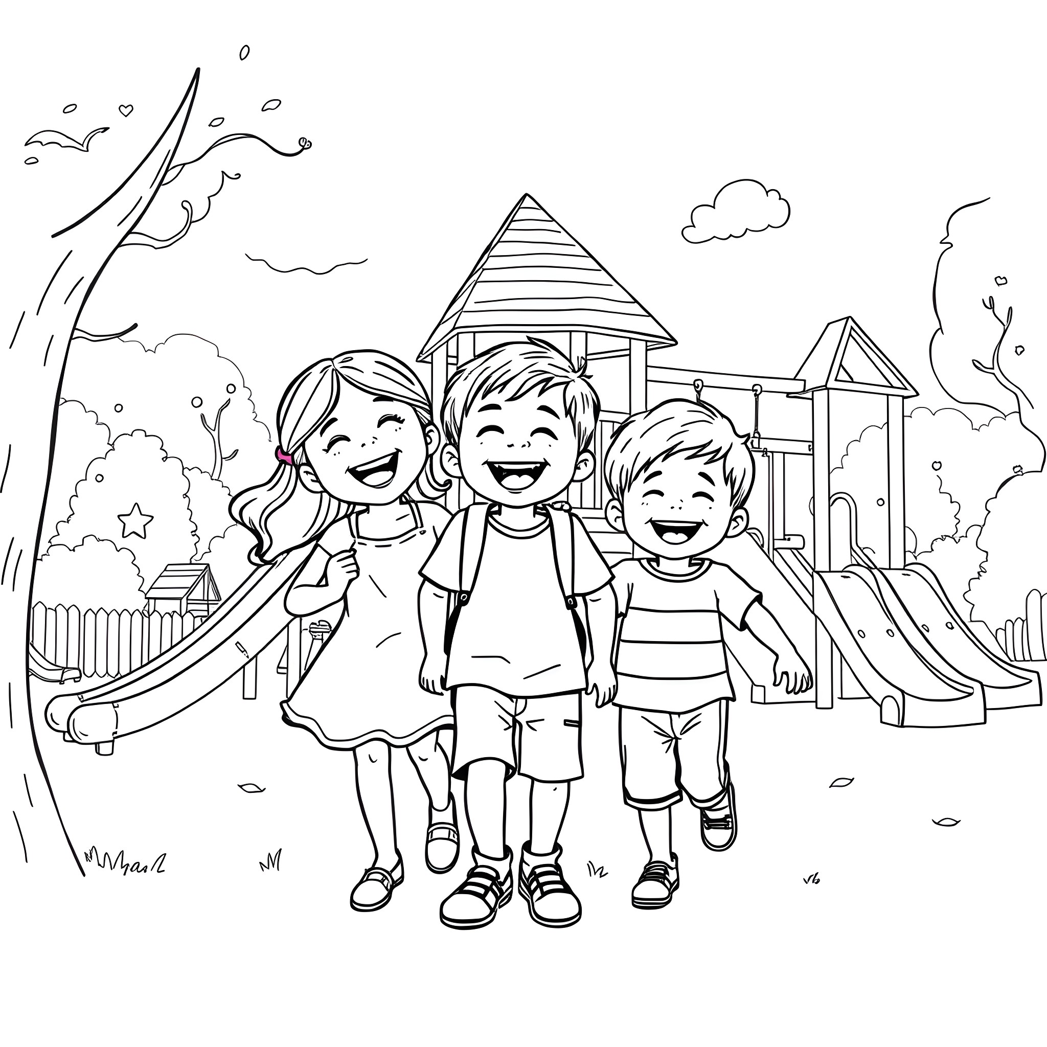 Child friends playing happily on the playground Coloring Page (free black-and-white line drawing printable PDF for all, from beginners to advanced learners, including children, teens, adults, and seniors)