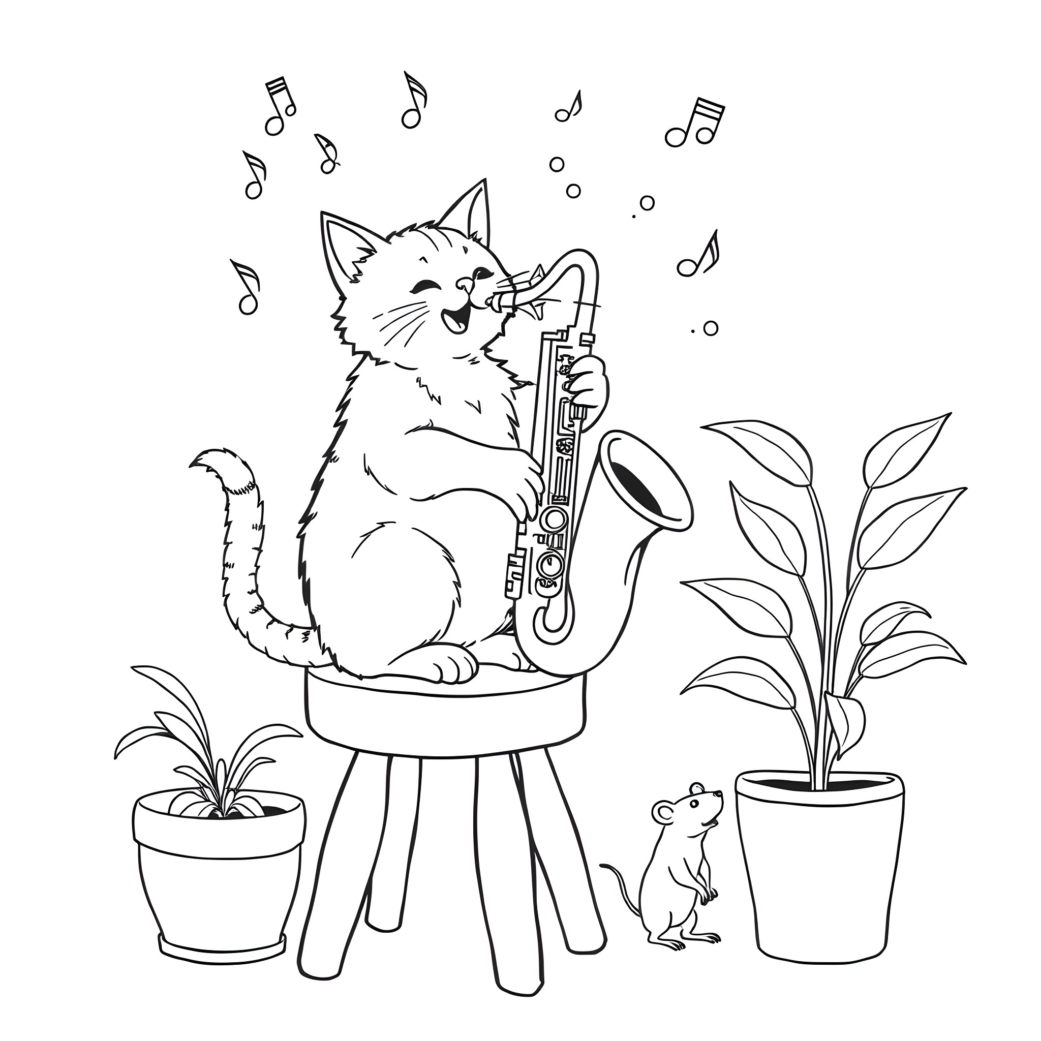 Cat playing saxophone amidst musical notes Coloring Page (free black-and-white line drawing printable PDF for all, from beginners to advanced learners, including children, teens, adults, and seniors)