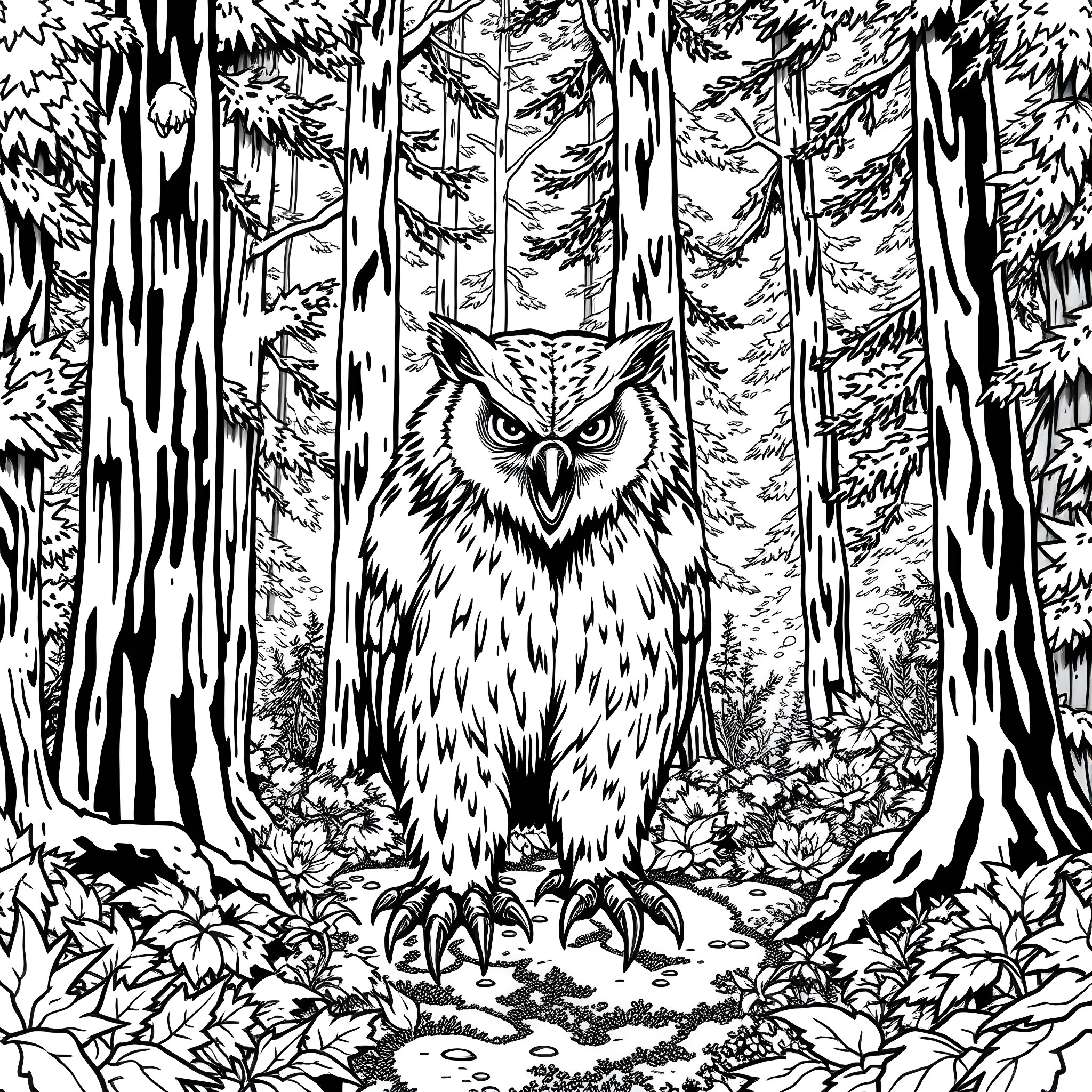 Owlbear stalking silently through the enchanted forest Coloring Page (free black-and-white line drawing printable PDF for all, from beginners to advanced learners, including children, teens, adults, and seniors)